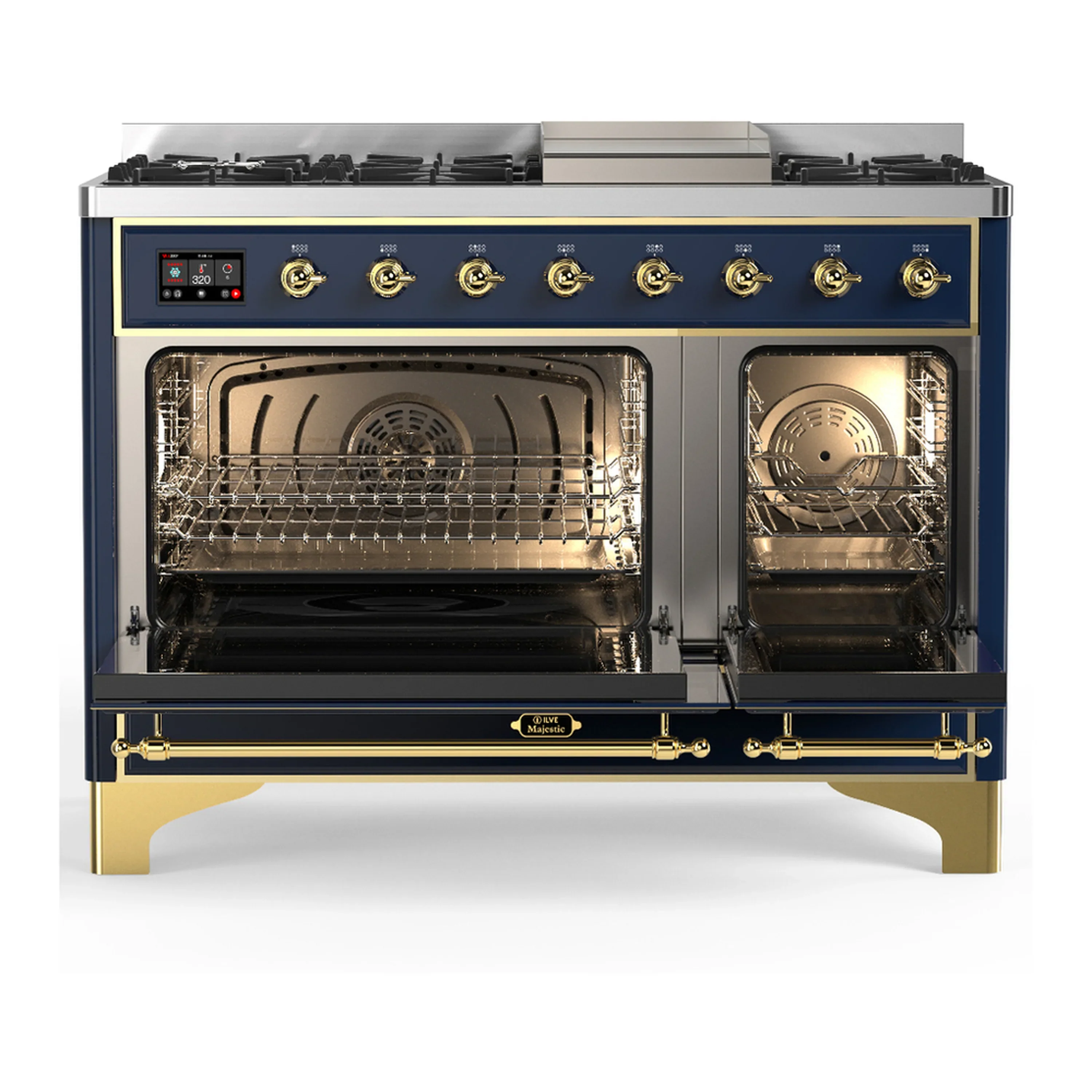 ILVE Majestic III 48-inch Dual Fuel Range with 5 Natural Gas Burner, Griddle and Solid Door Electric Oven in Blue Grey with Brass Trim (UM48FQNR3MBG) - Image 6
