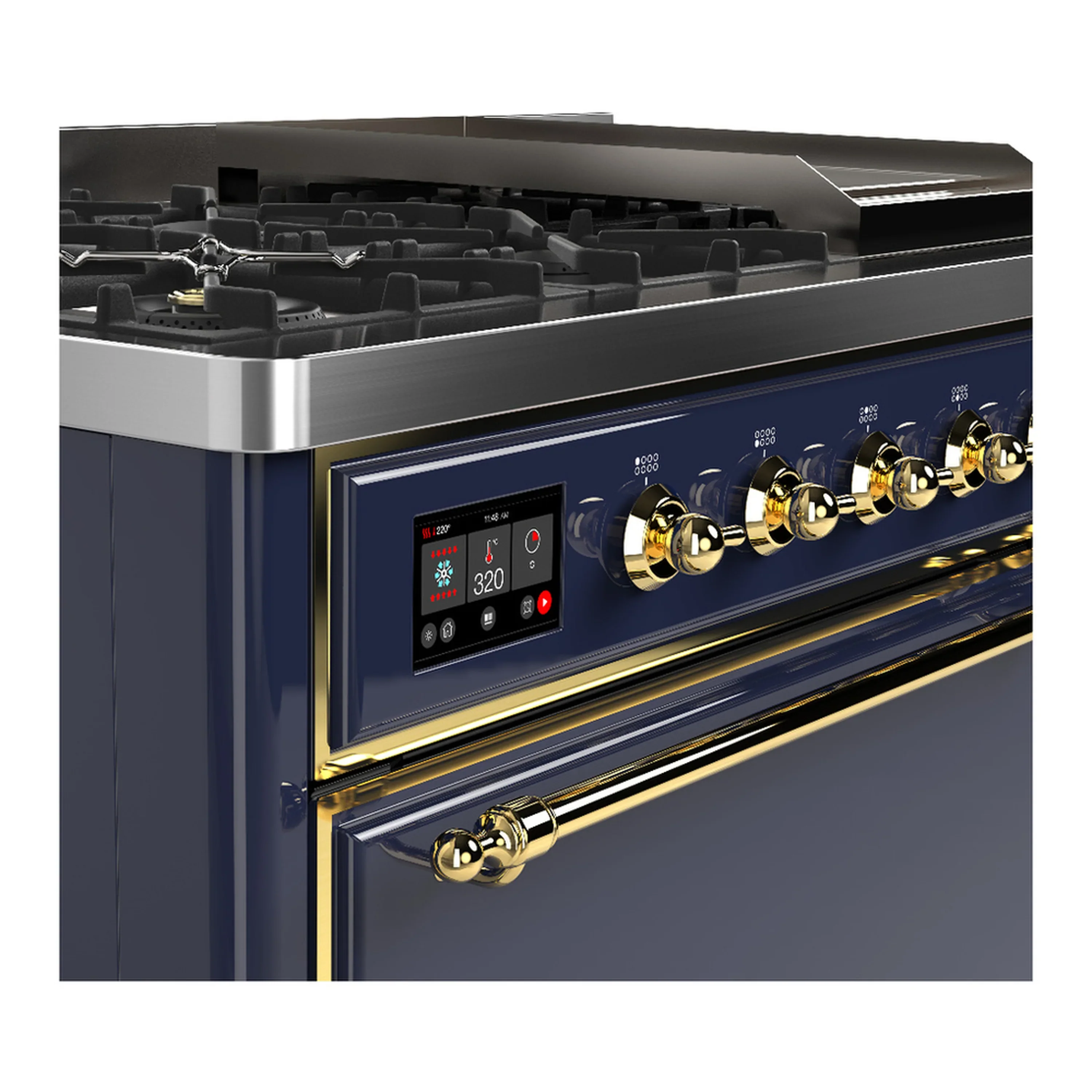 ILVE Majestic III 48-inch Dual Fuel Range with 5 Natural Gas Burner, Griddle and Solid Door Electric Oven in Blue Grey with Brass Trim (UM48FQNR3MBG) - Image 7