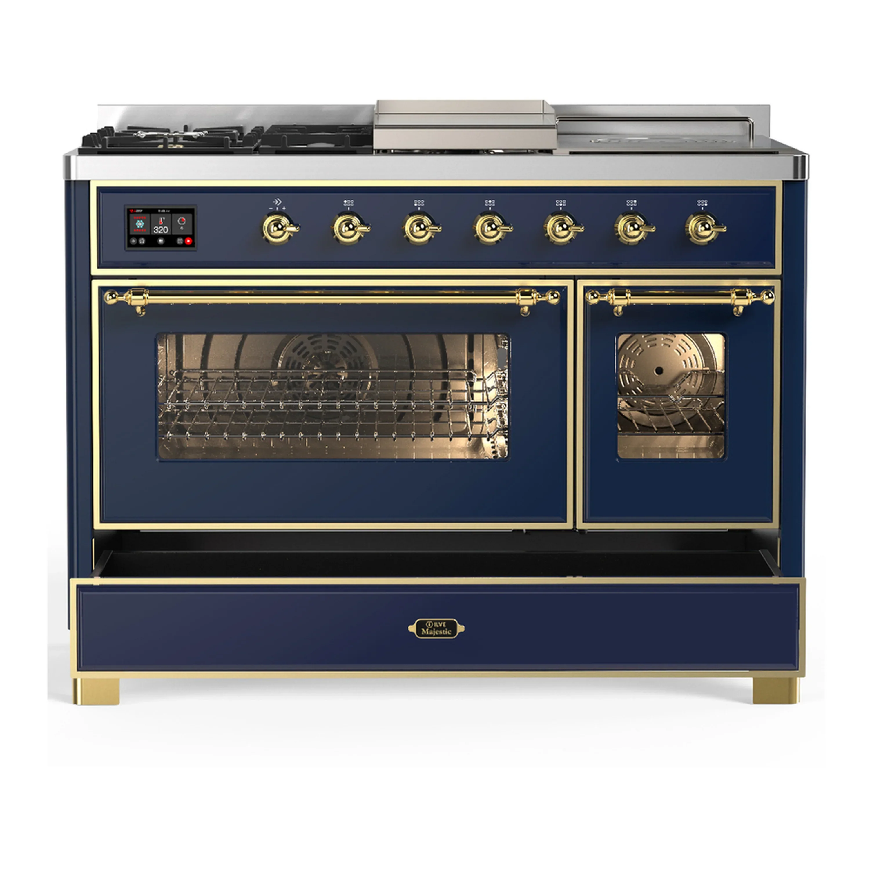 ILVE Majestic III 48-inch Dual Fuel Range with 5 Liquid Propane Burner, Griddle, French Top and Triple Glass Door Electric Oven in Blue Grey with Brass Trim (UM48FSNR3MBGLP) - Image 3