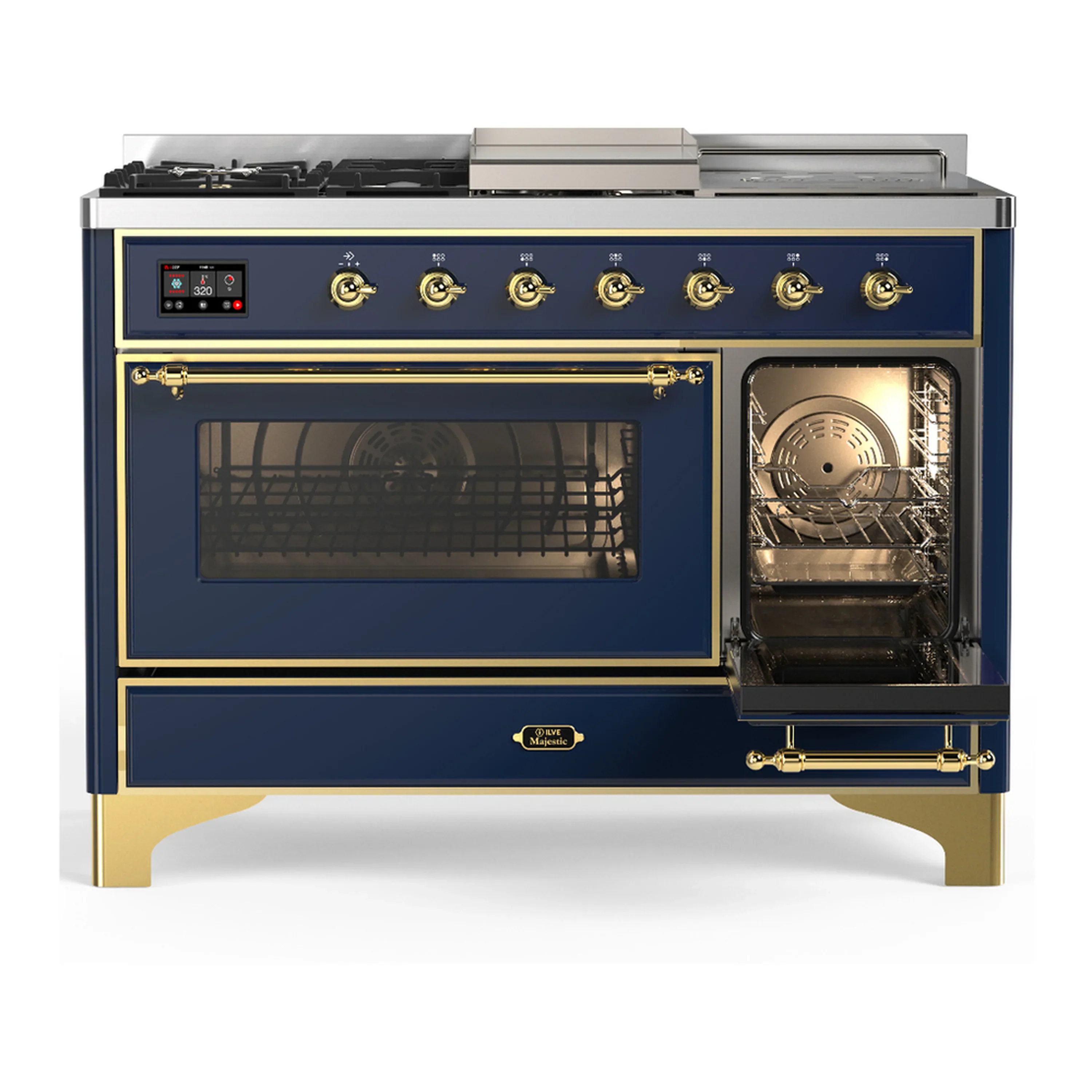 ILVE Majestic III 48-inch Dual Fuel Range with 5 Liquid Propane Burner, Griddle, French Top and Triple Glass Door Electric Oven in Blue Grey with Brass Trim (UM48FSNR3MBGLP) - Image 4