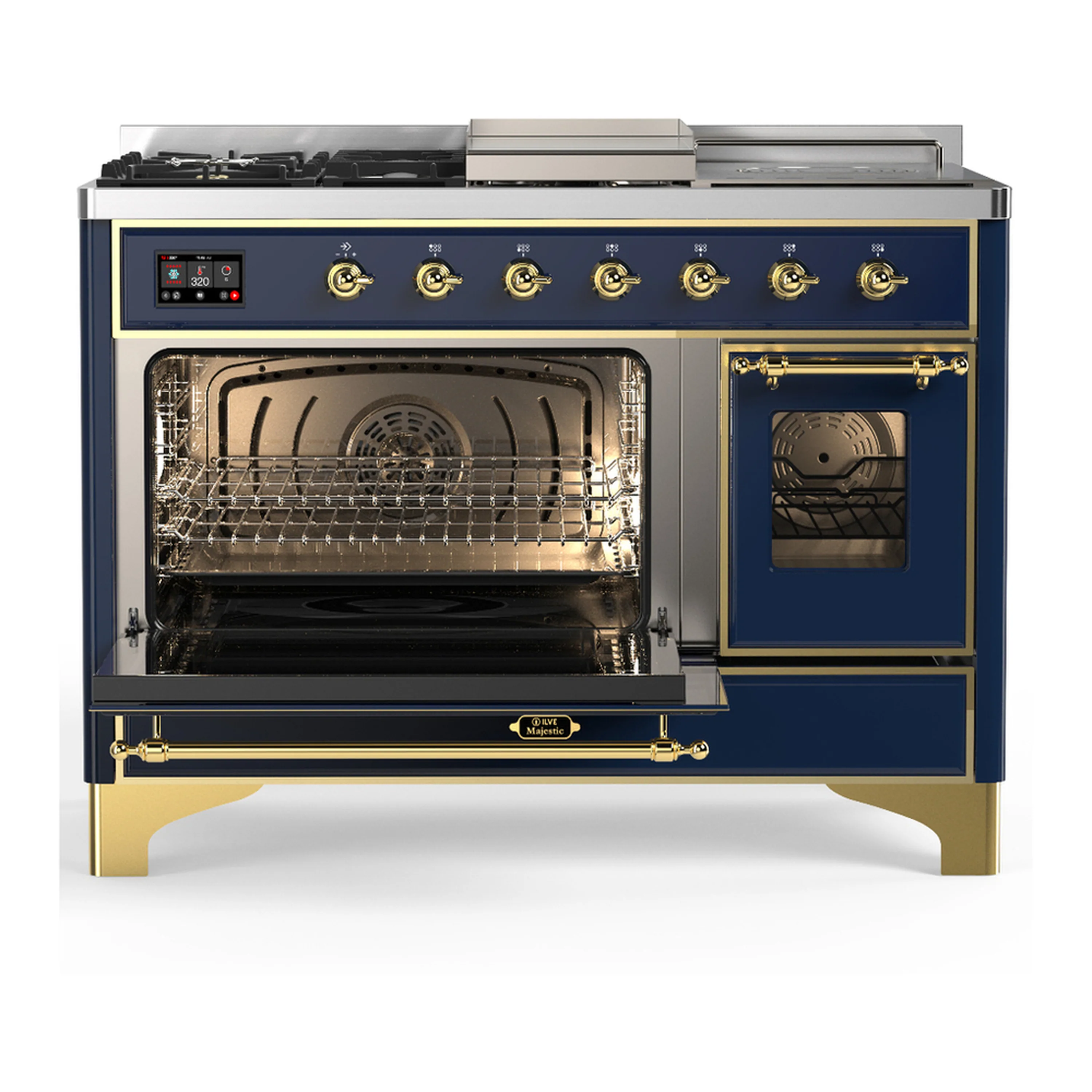 ILVE Majestic III 48-inch Dual Fuel Range with 5 Liquid Propane Burner, Griddle, French Top and Triple Glass Door Electric Oven in Blue Grey with Brass Trim (UM48FSNR3MBGLP) - Image 5