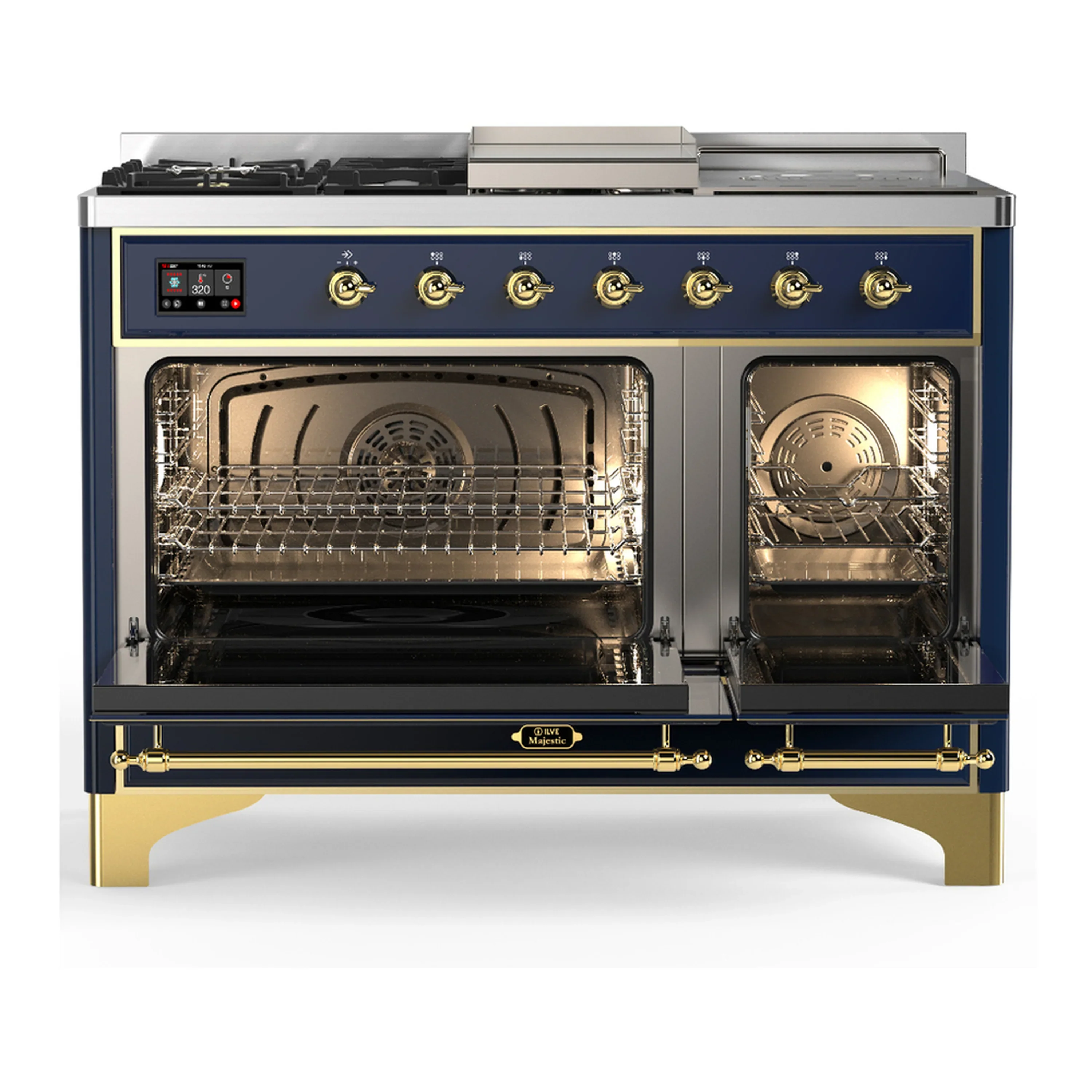 ILVE Majestic III 48-inch Dual Fuel Range with 5 Liquid Propane Burner, Griddle, French Top and Triple Glass Door Electric Oven in Blue Grey with Brass Trim (UM48FSNR3MBGLP) - Image 6