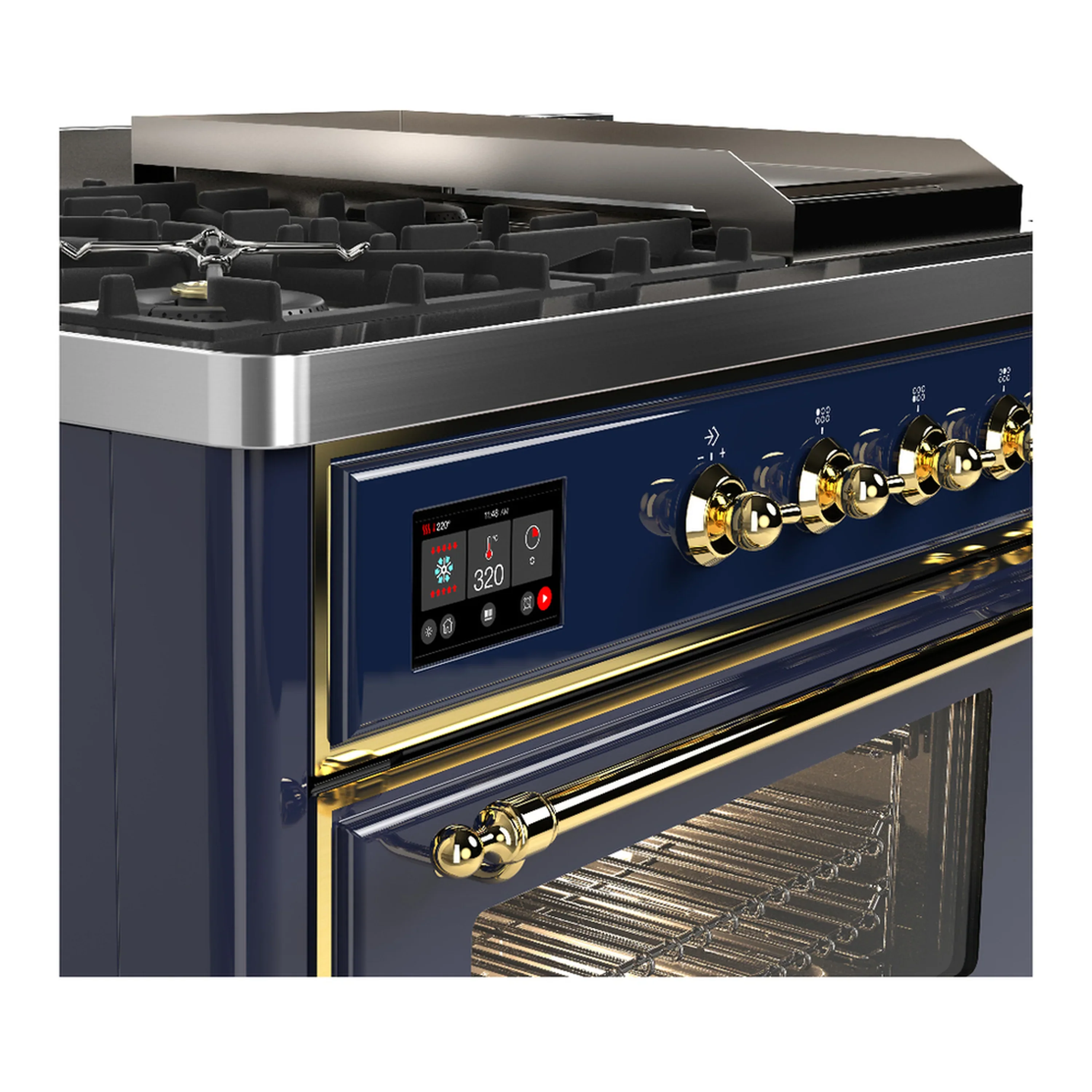 ILVE Majestic III 48-inch Dual Fuel Range with 5 Liquid Propane Burner, Griddle, French Top and Triple Glass Door Electric Oven in Blue Grey with Brass Trim (UM48FSNR3MBGLP) - Image 7