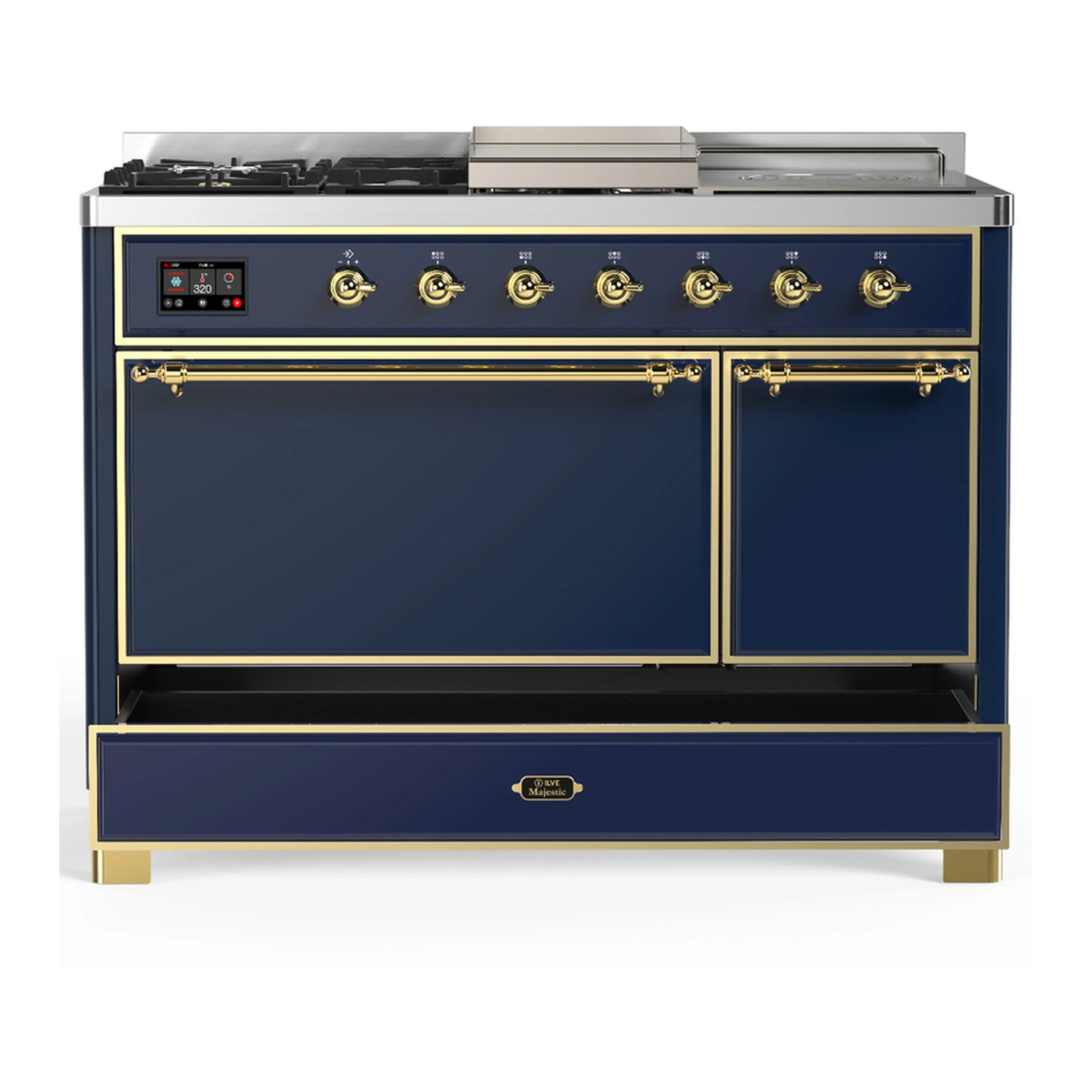 ILVE Majestic III 48-inch Dual Fuel Range with 5 Natural Gas Burner, Griddle, French Top and Solid Door Electric Oven in Blue Grey with Brass Trim (UM48FSQNR3MBG) - Image 3