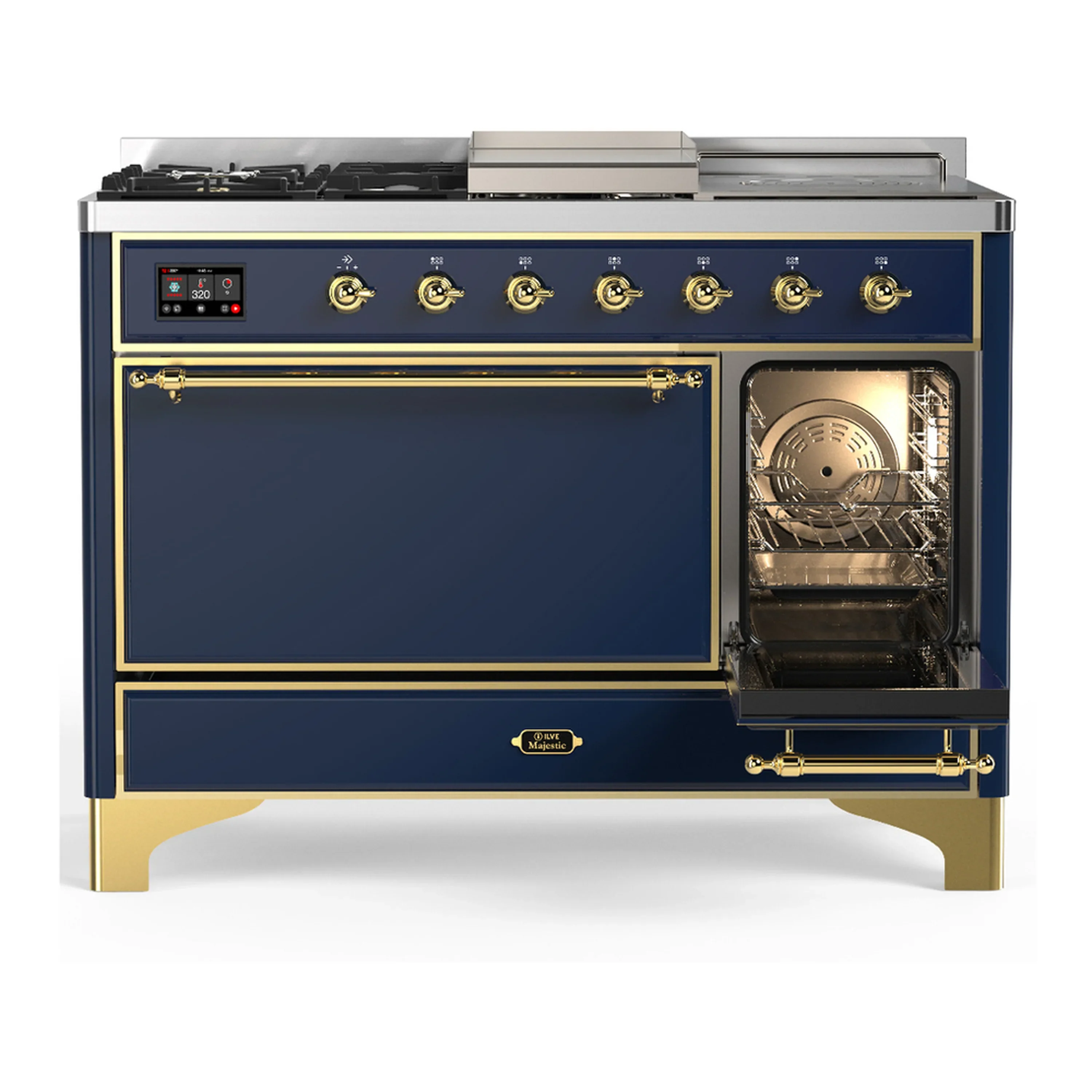 ILVE Majestic III 48-inch Dual Fuel Range with 5 Natural Gas Burner, Griddle, French Top and Solid Door Electric Oven in Blue Grey with Brass Trim (UM48FSQNR3MBG) - Image 4
