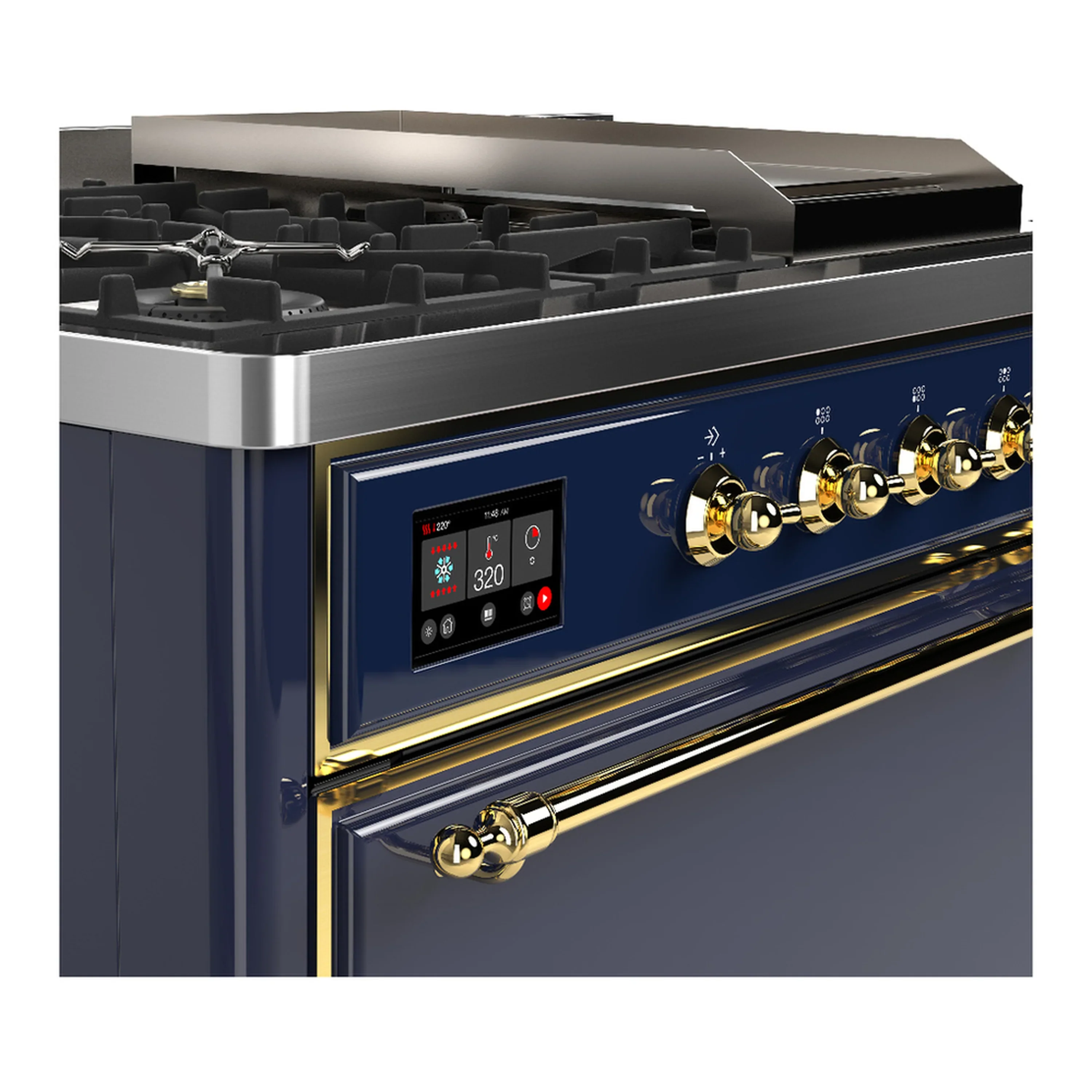 ILVE Majestic III 48-inch Dual Fuel Range with 5 Natural Gas Burner, Griddle, French Top and Solid Door Electric Oven in Blue Grey with Brass Trim (UM48FSQNR3MBG) - Image 7