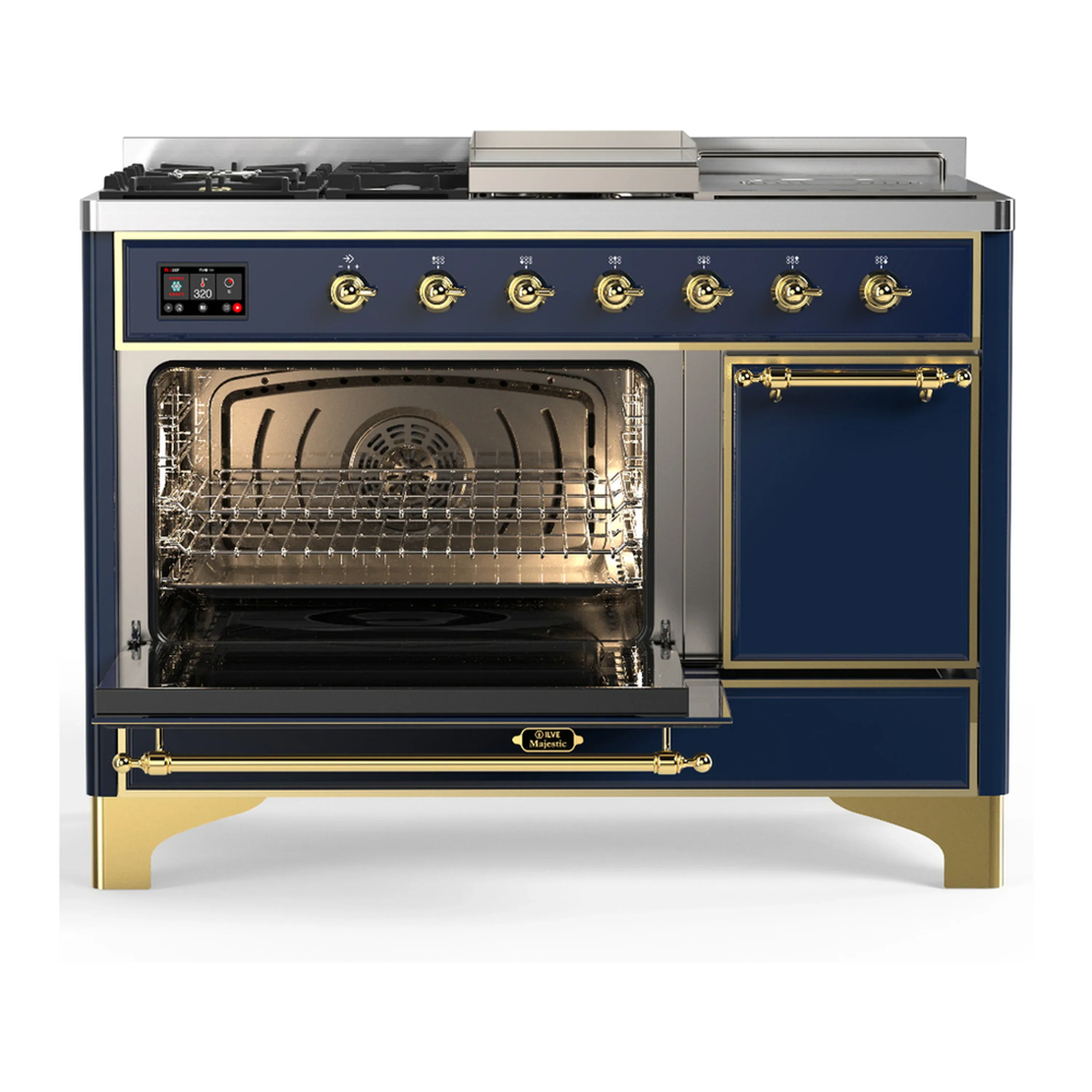 ILVE Majestic III 48-inch Dual Fuel Range with 5 Liquid Propane Burner, Griddle, French Top and Solid Door Electric Oven in Blue Grey with Brass Trim (UM48FSQNR3MBGLP) - Image 5