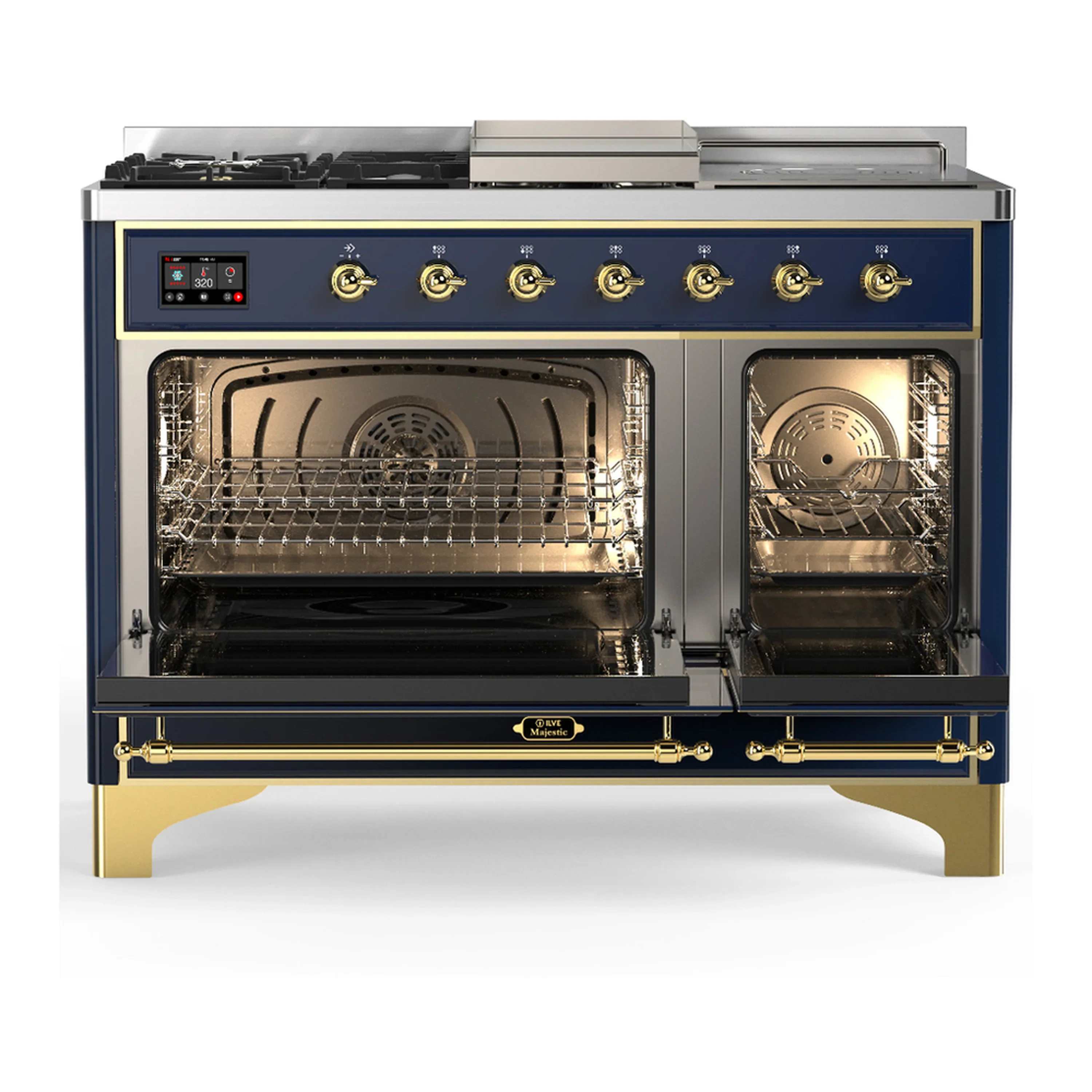 ILVE Majestic III 48-inch Dual Fuel Range with 5 Liquid Propane Burner, Griddle, French Top and Solid Door Electric Oven in Blue Grey with Brass Trim (UM48FSQNR3MBGLP) - Image 6