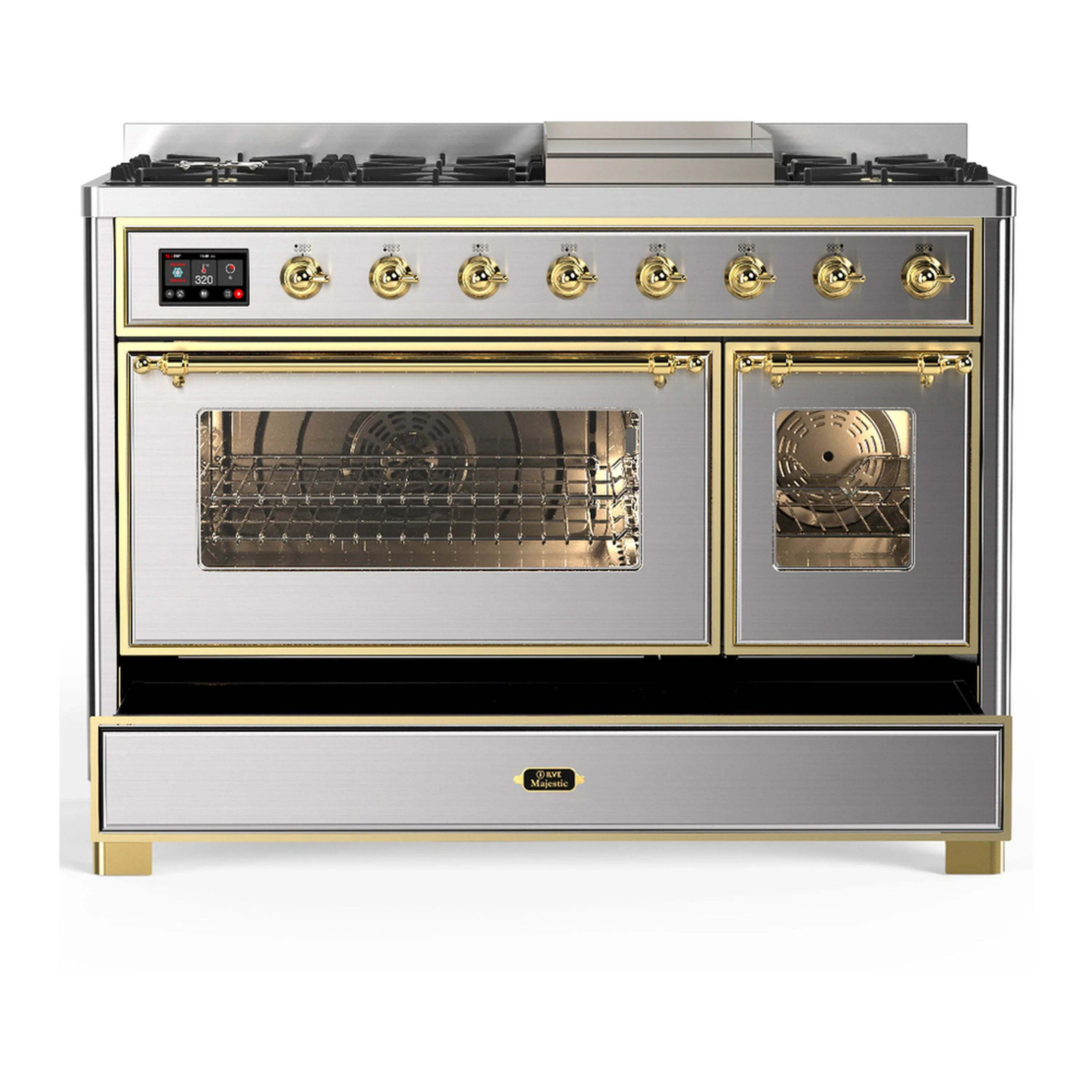 ILVE Majestic III 48-inch Dual Fuel Range with 5 Natural Gas Burner, Griddle and Triple Glass Door Electric Oven in Stainless Steel with Brass Trim (UM48FNR3SSG) - Image 3