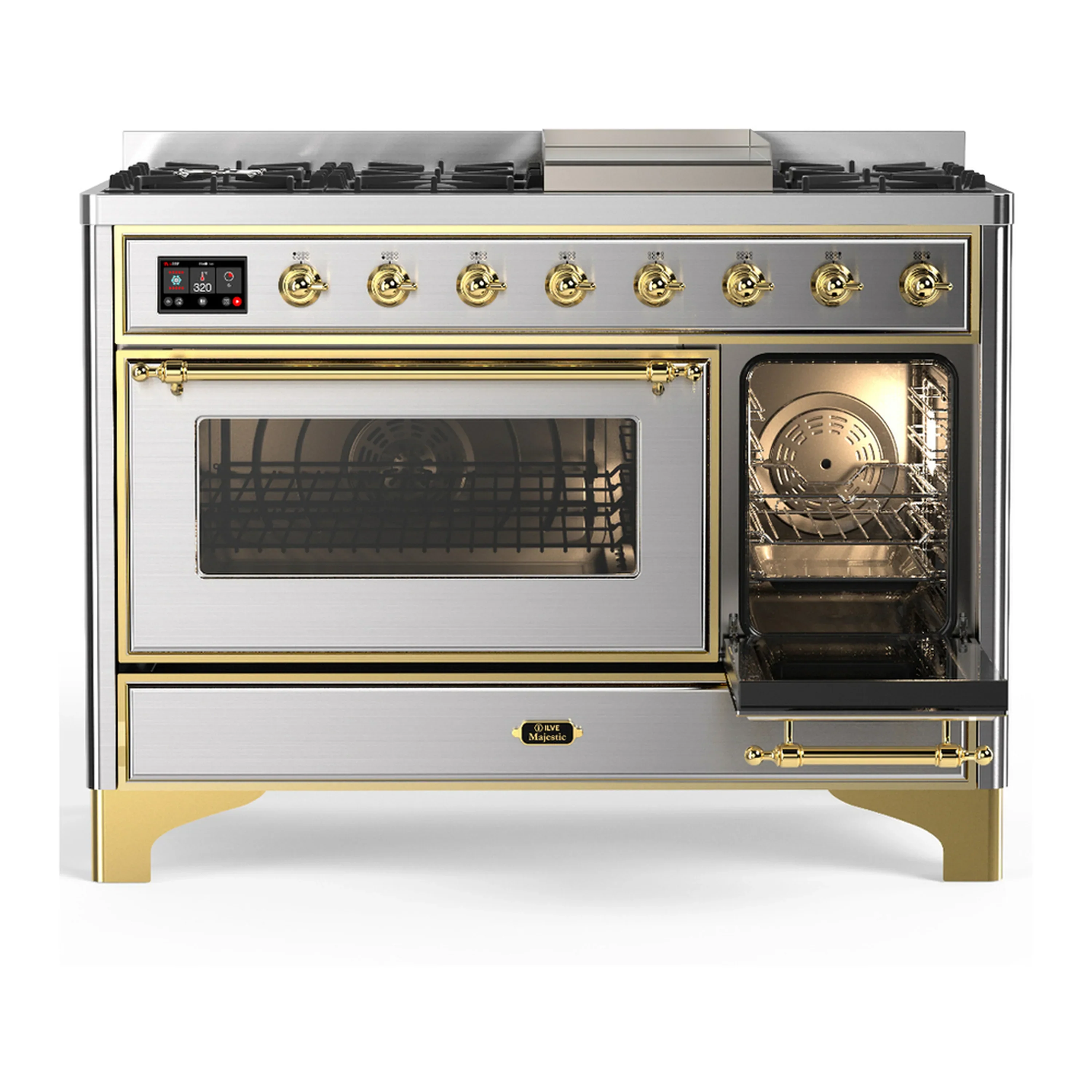 ILVE Majestic III 48-inch Dual Fuel Range with 5 Natural Gas Burner, Griddle and Triple Glass Door Electric Oven in Stainless Steel with Brass Trim (UM48FNR3SSG) - Image 4