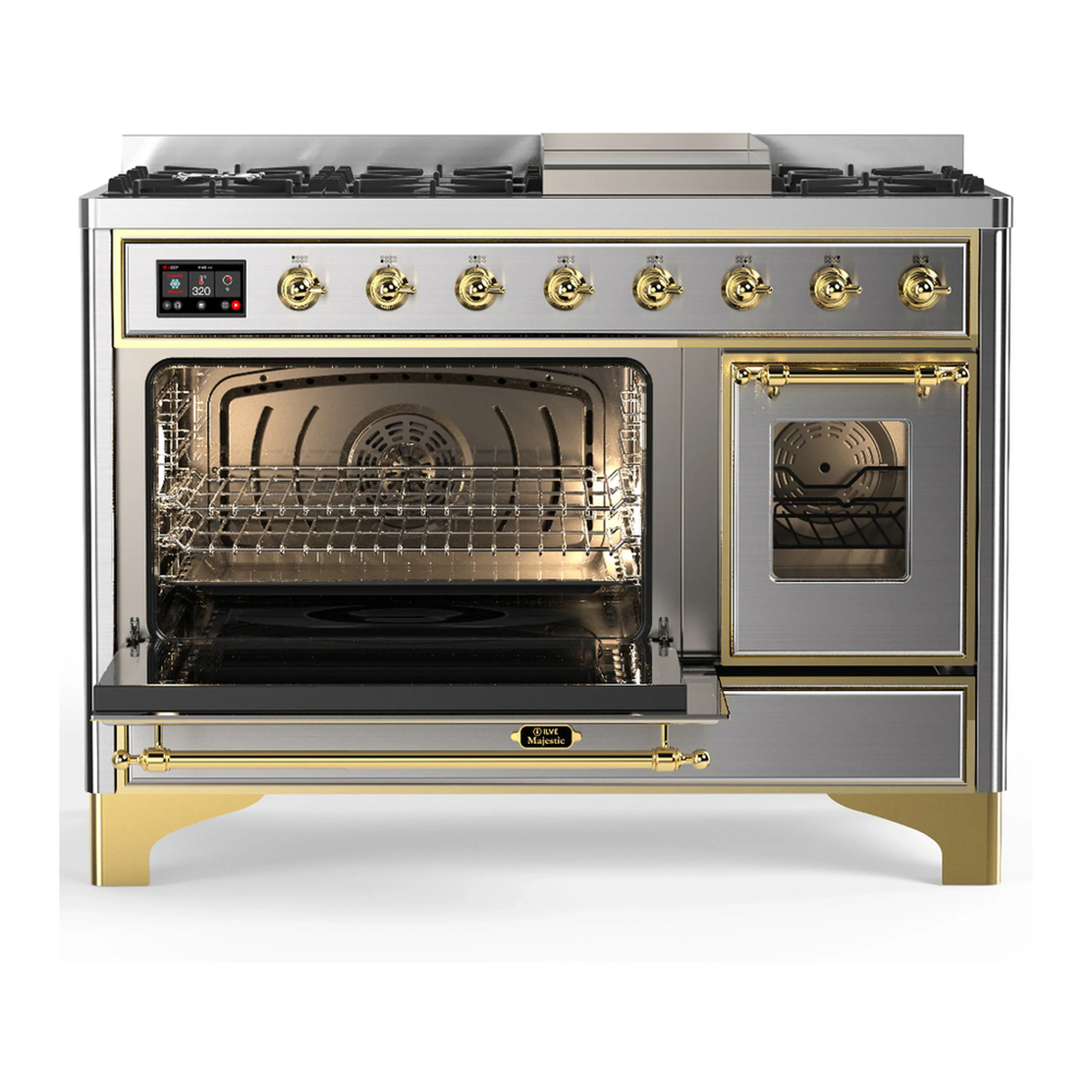 ILVE Majestic III 48-inch Dual Fuel Range with 5 Natural Gas Burner, Griddle and Triple Glass Door Electric Oven in Stainless Steel with Brass Trim (UM48FNR3SSG) - Image 5