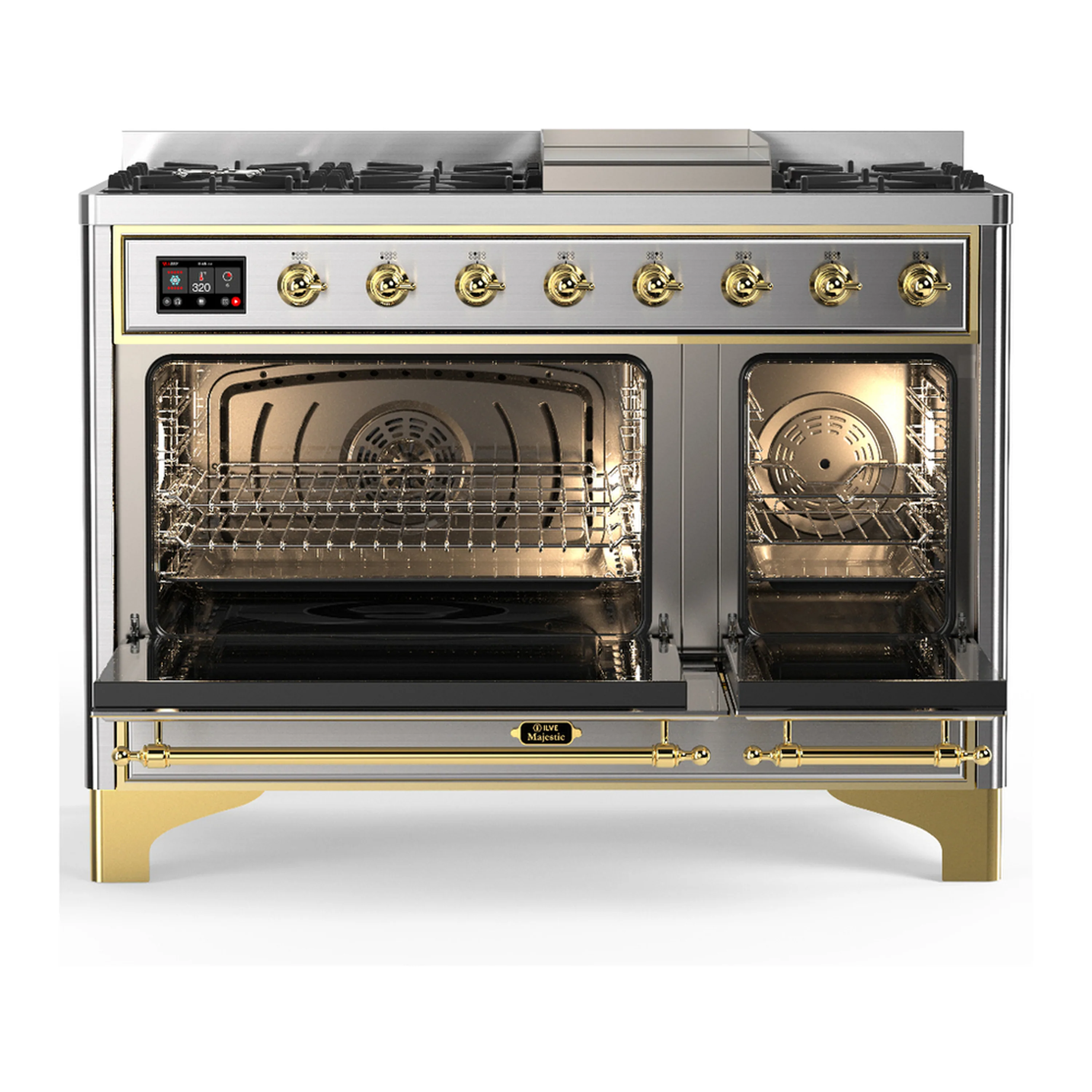 ILVE Majestic III 48-inch Dual Fuel Range with 5 Natural Gas Burner, Griddle and Triple Glass Door Electric Oven in Stainless Steel with Brass Trim (UM48FNR3SSG) - Image 6
