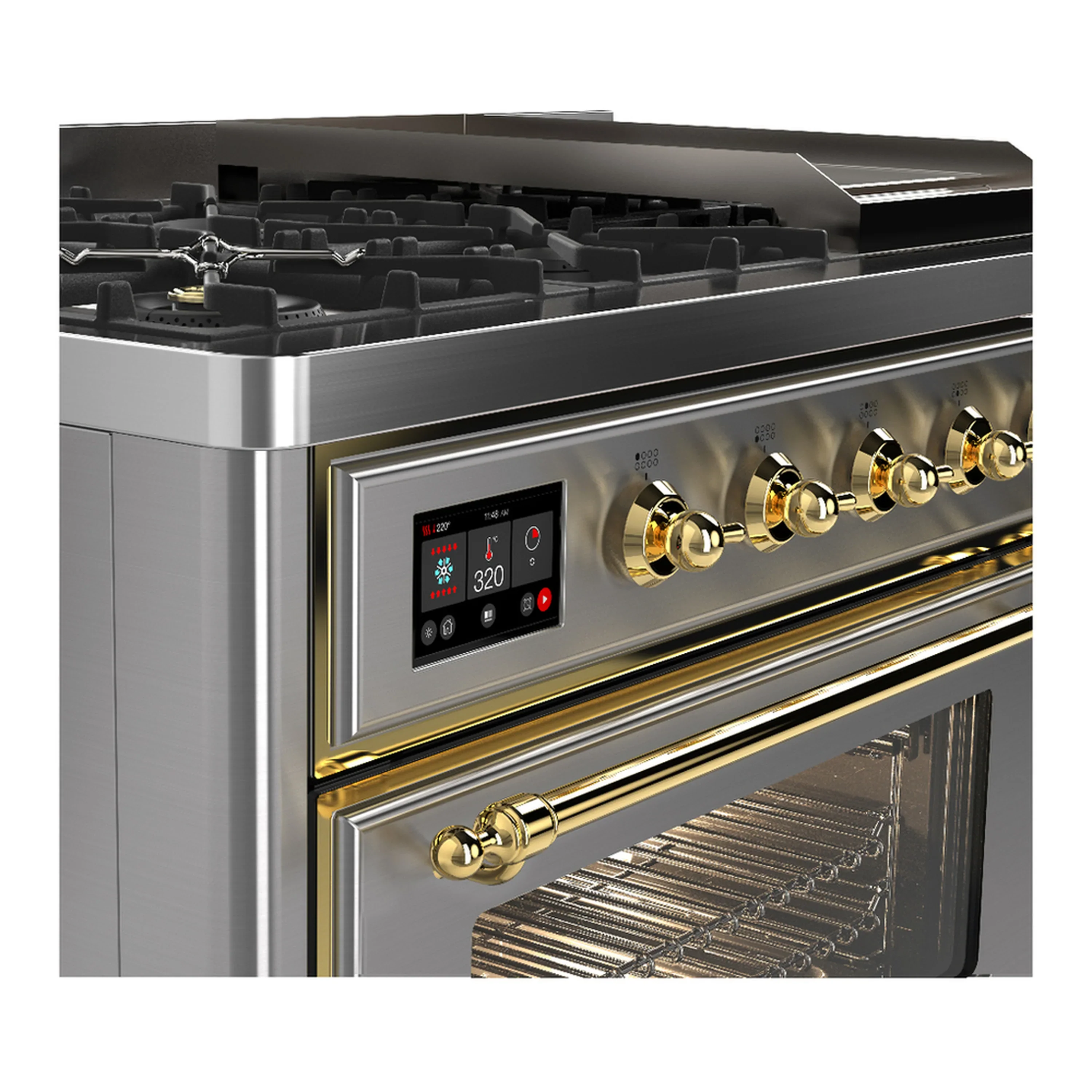 ILVE Majestic III 48-inch Dual Fuel Range with 5 Natural Gas Burner, Griddle and Triple Glass Door Electric Oven in Stainless Steel with Brass Trim (UM48FNR3SSG) - Image 7