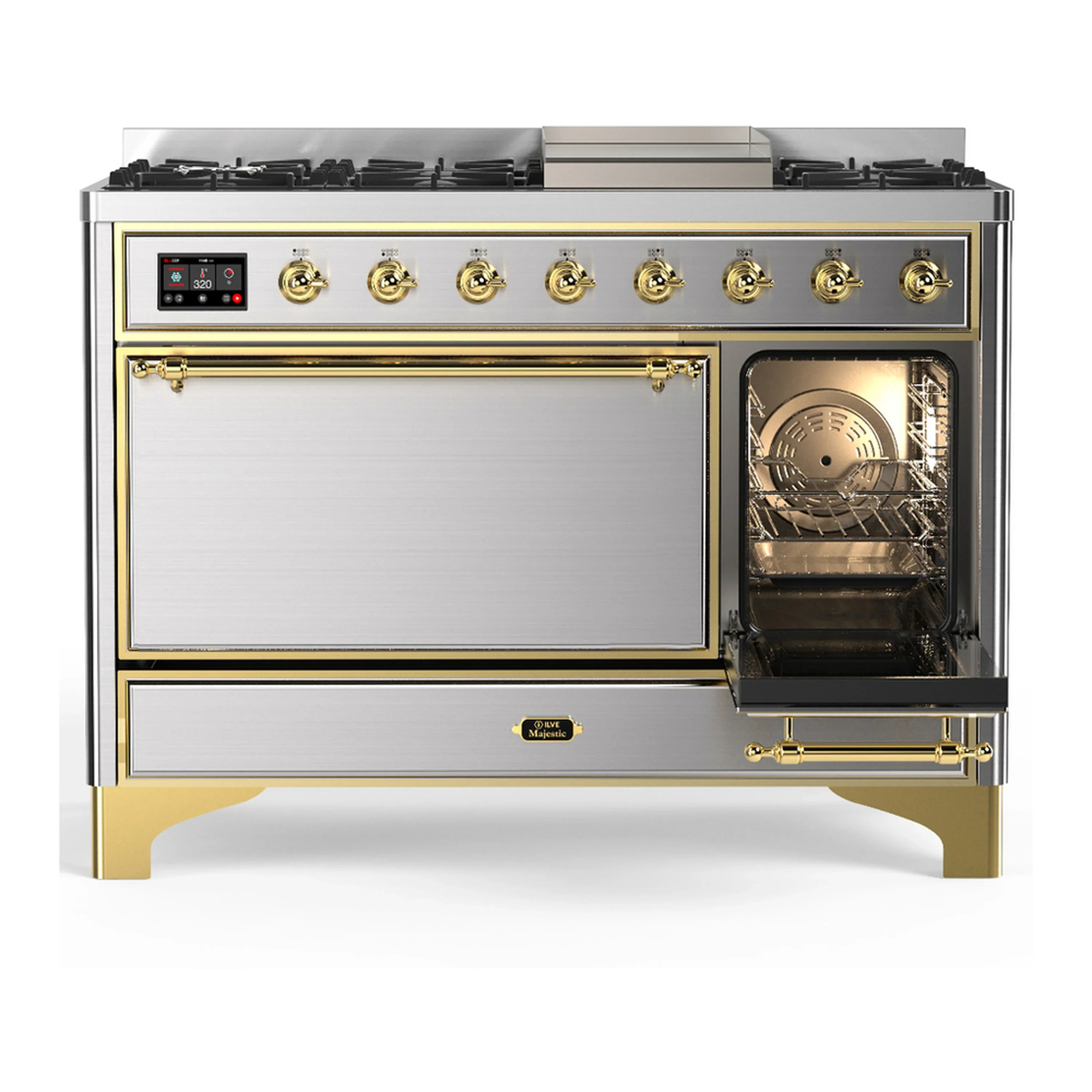 ILVE Majestic III 48-inch Dual Fuel Range with 5 Natural Gas Burner, Griddle and Solid Door Electric Oven in Stainless Steel with Brass Trim (UM48FQNR3SSG) - Image 4