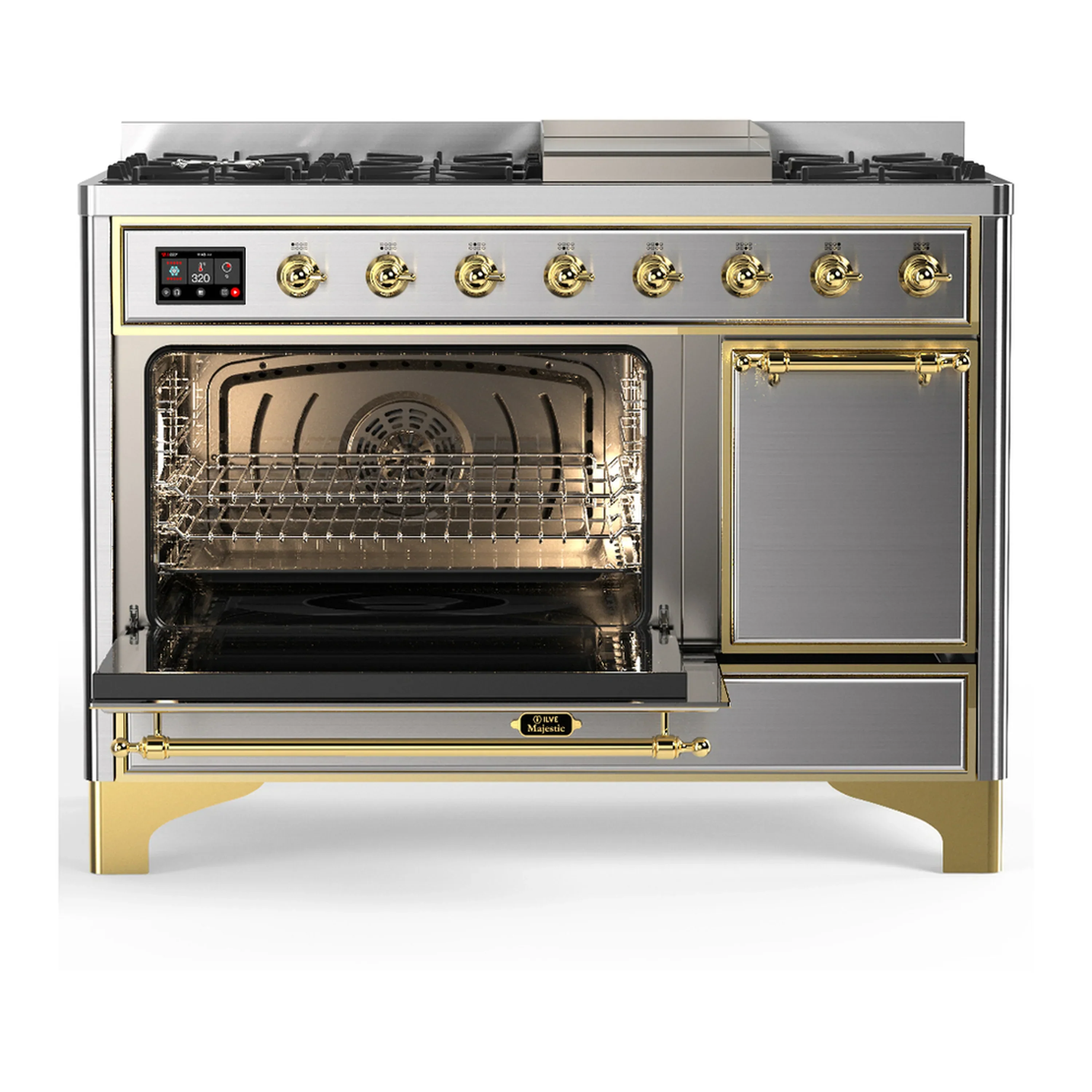 ILVE Majestic III 48-inch Dual Fuel Range with 5 Natural Gas Burner, Griddle and Solid Door Electric Oven in Stainless Steel with Brass Trim (UM48FQNR3SSG) - Image 5