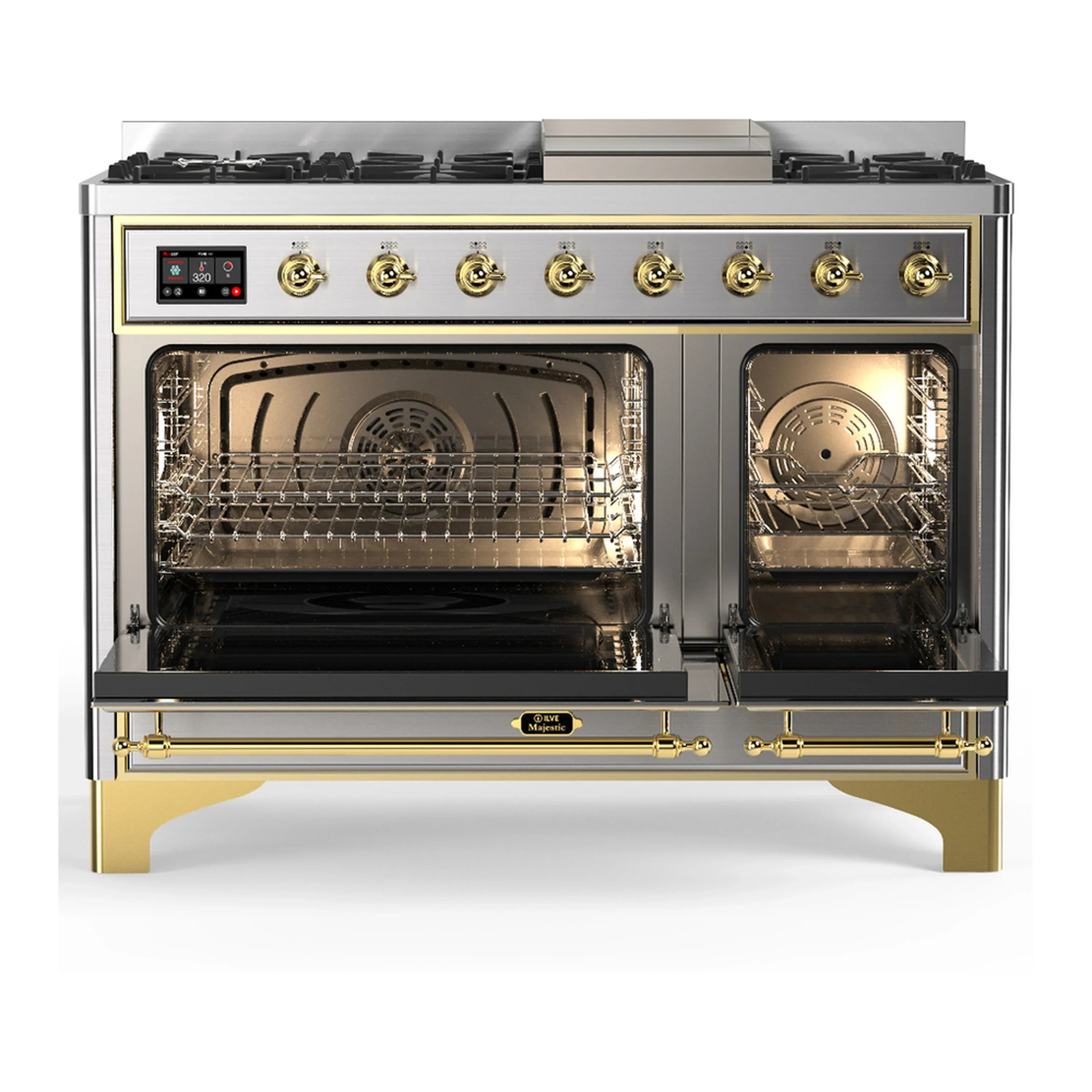 ILVE Majestic III 48-inch Dual Fuel Range with 5 Natural Gas Burner, Griddle and Solid Door Electric Oven in Stainless Steel with Brass Trim (UM48FQNR3SSG) - Image 6
