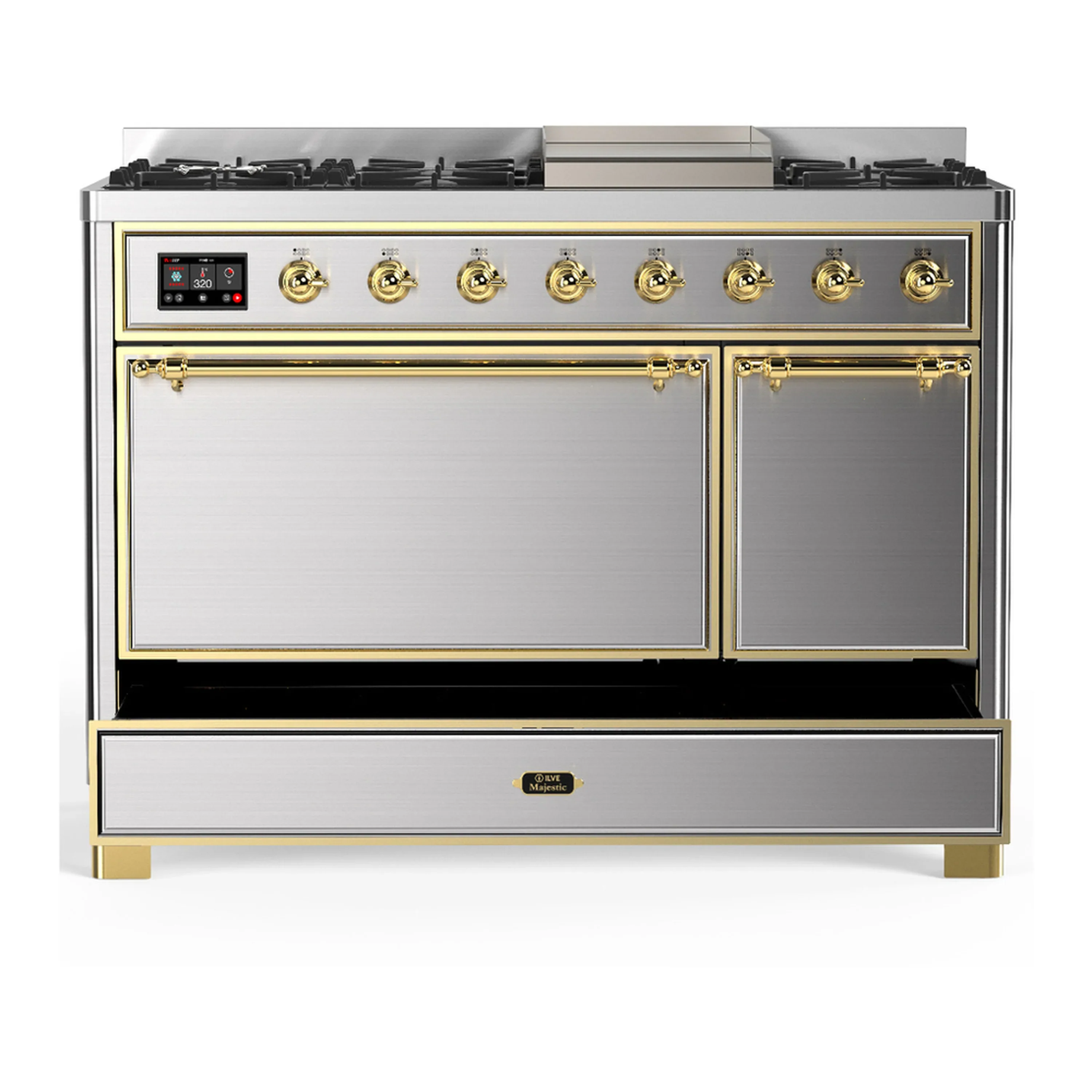 ILVE Majestic III 48-inch Dual Fuel Range with 5 Liquid Propane Burner, Griddle and Solid Door Electric Oven in Stainless Steel with Brass Trim (UM48FQNR3SSGLP) - Image 3
