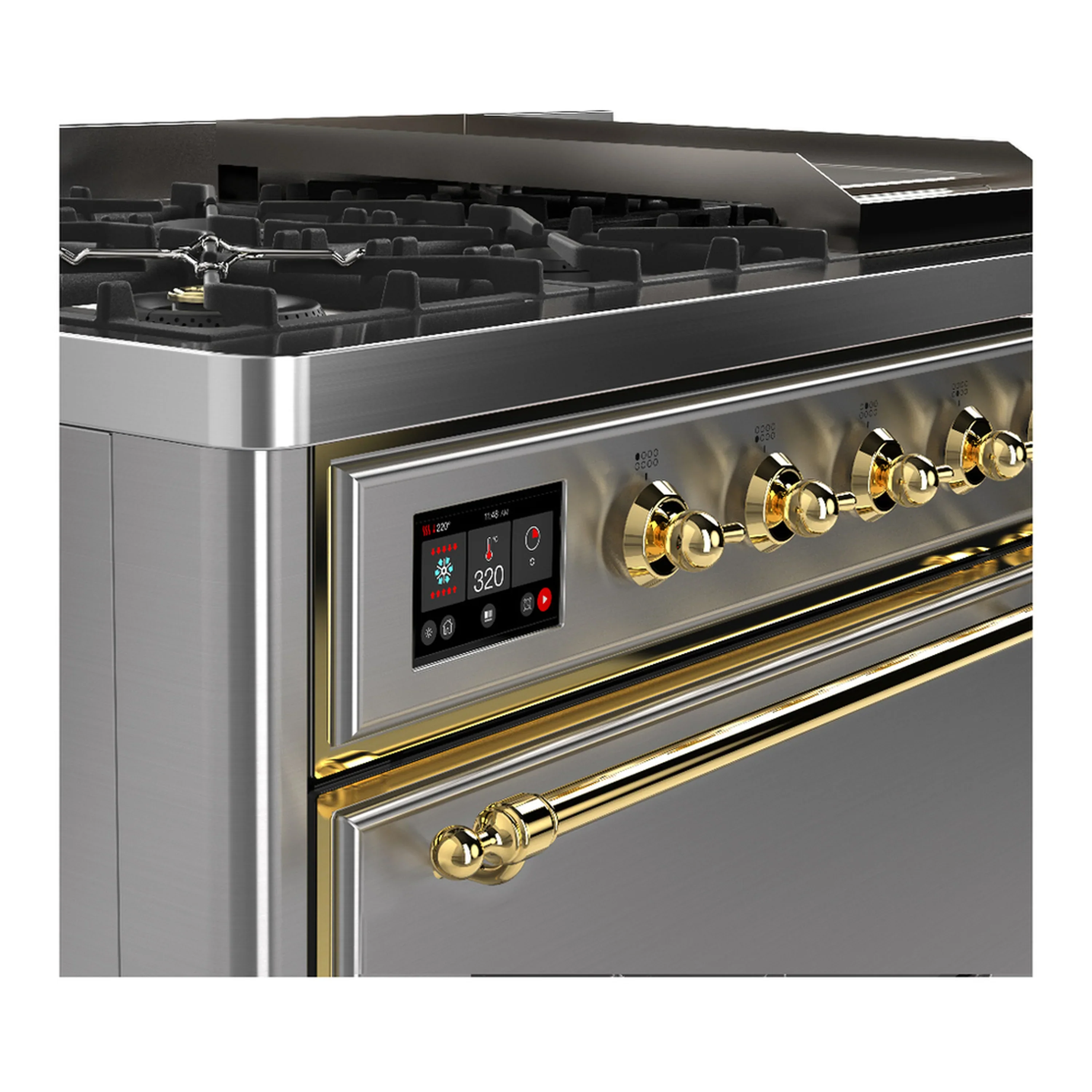 ILVE Majestic III 48-inch Dual Fuel Range with 5 Liquid Propane Burner, Griddle and Solid Door Electric Oven in Stainless Steel with Brass Trim (UM48FQNR3SSGLP) - Image 7