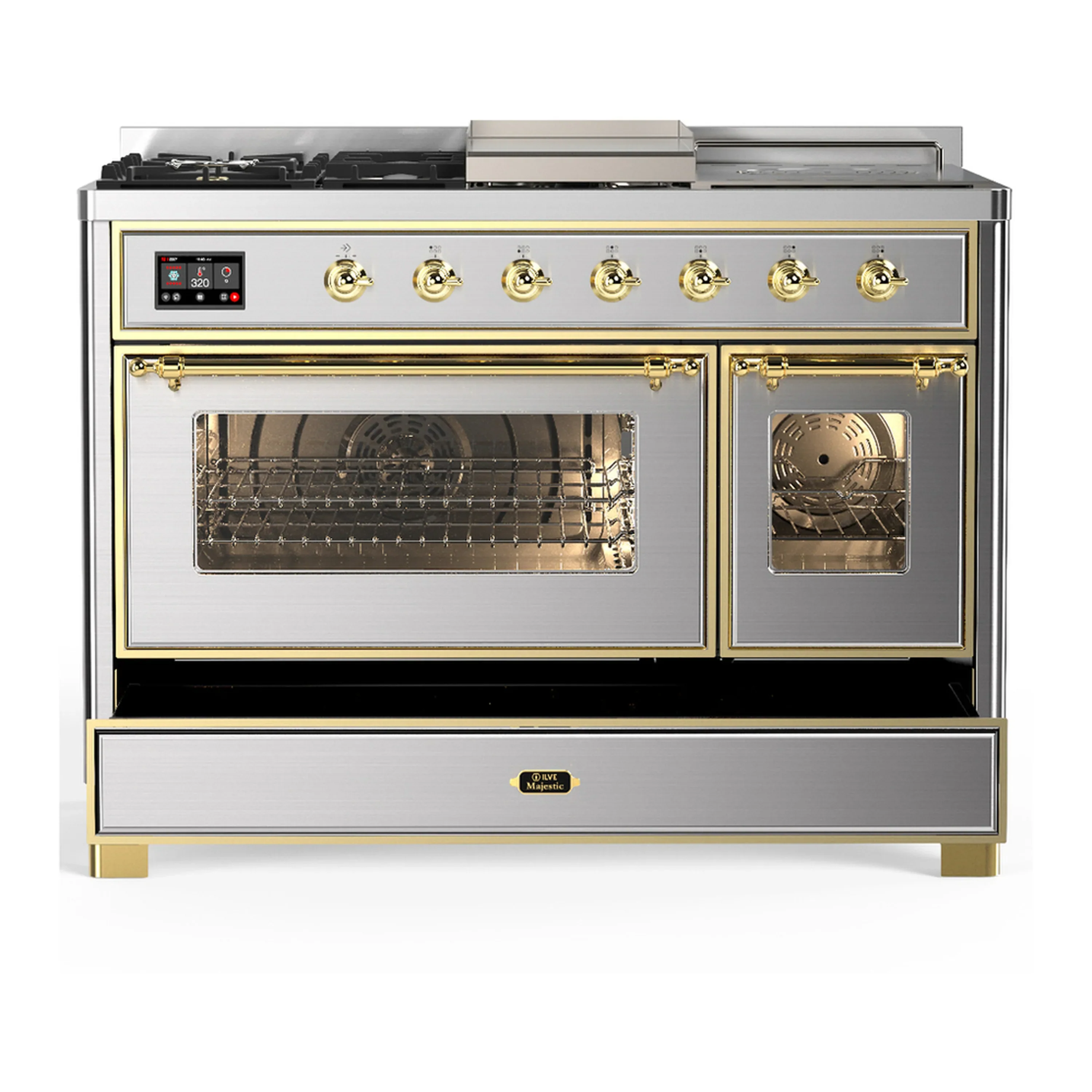 ILVE Majestic III 48-inch Dual Fuel Range with 5 Natural Gas Burner, Griddle, French Top and Triple Glass Door Electric Oven in Stainless Steel with Brass Trim (UM48FSNR3SSG) - Image 3