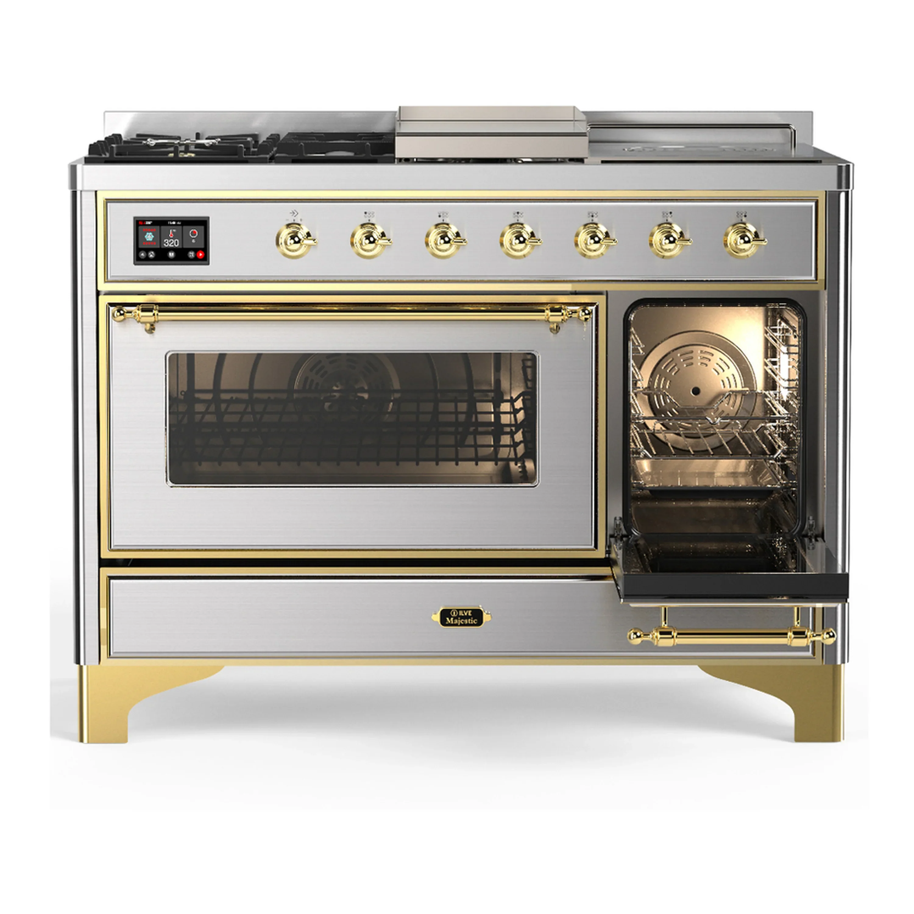 ILVE Majestic III 48-inch Dual Fuel Range with 5 Natural Gas Burner, Griddle, French Top and Triple Glass Door Electric Oven in Stainless Steel with Brass Trim (UM48FSNR3SSG) - Image 4