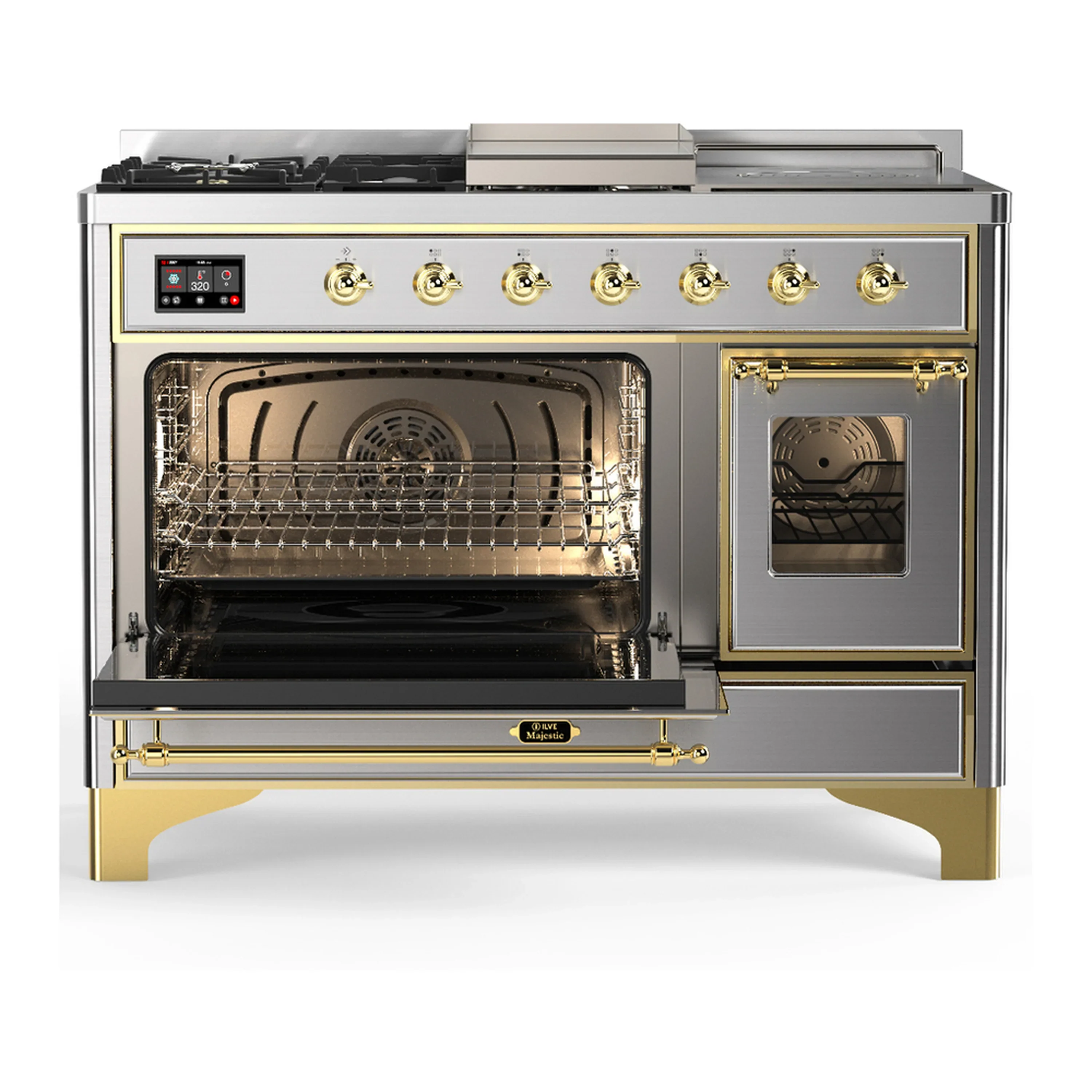 ILVE Majestic III 48-inch Dual Fuel Range with 5 Natural Gas Burner, Griddle, French Top and Triple Glass Door Electric Oven in Stainless Steel with Brass Trim (UM48FSNR3SSG) - Image 5