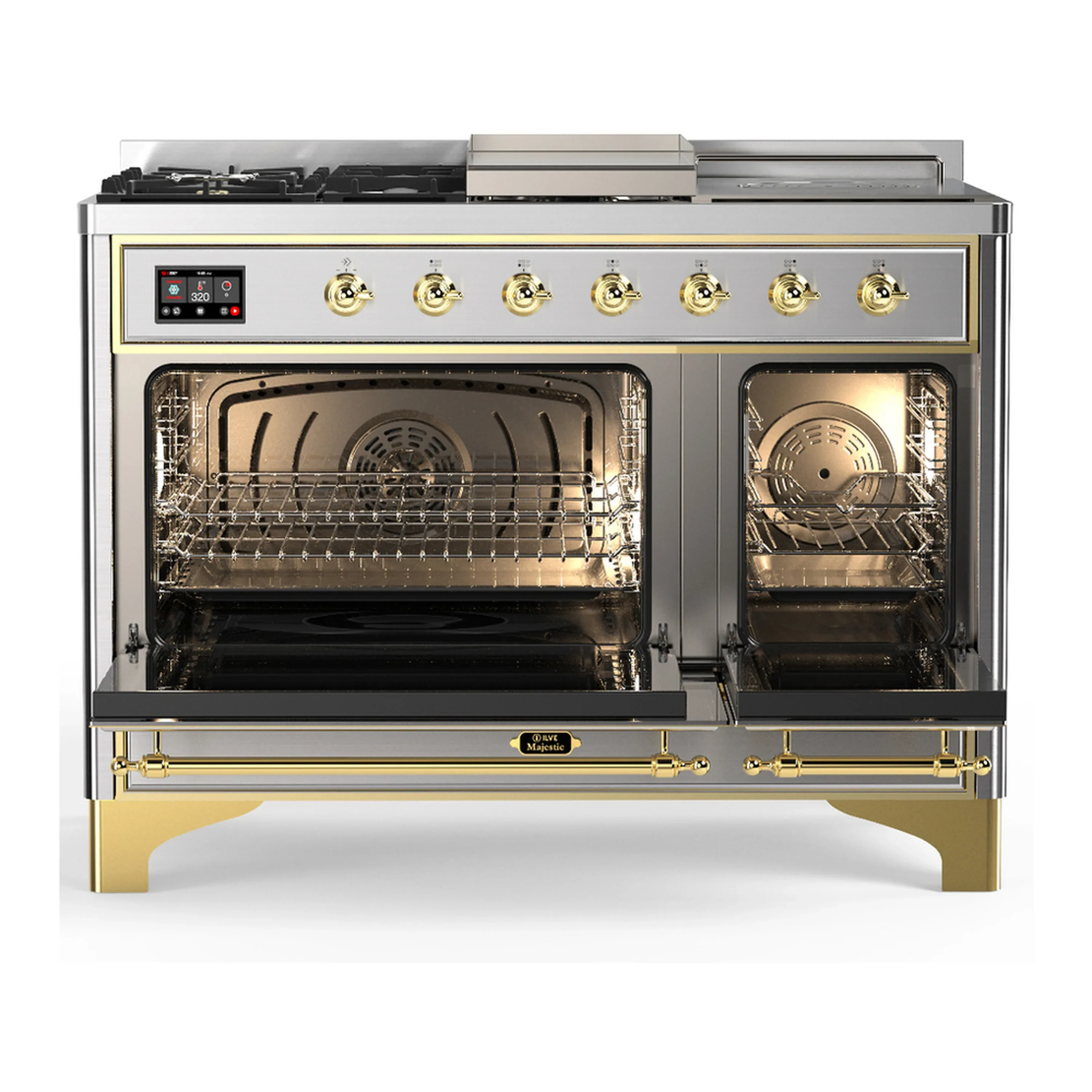 ILVE Majestic III 48-inch Dual Fuel Range with 5 Natural Gas Burner, Griddle, French Top and Triple Glass Door Electric Oven in Stainless Steel with Brass Trim (UM48FSNR3SSG) - Image 6