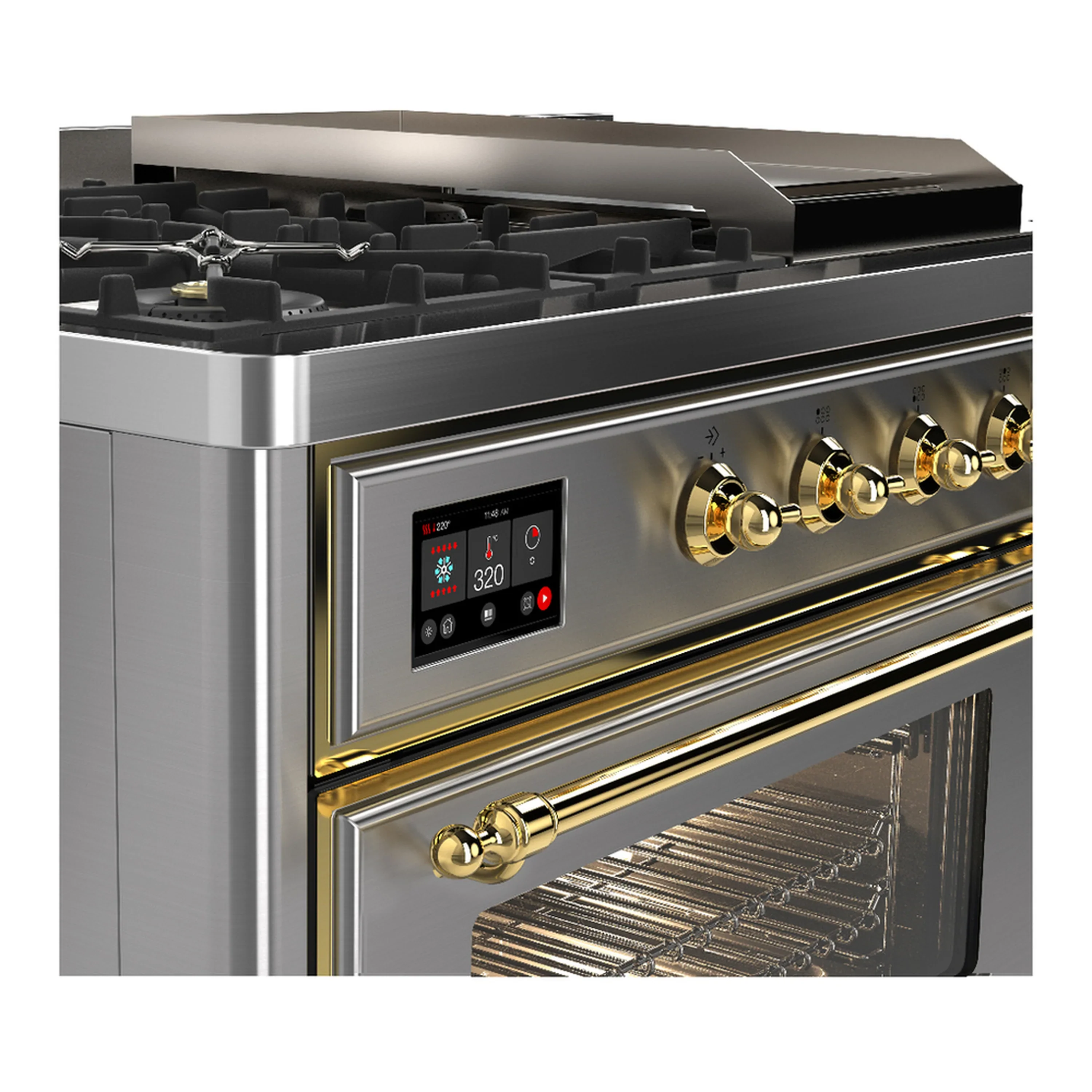 ILVE Majestic III 48-inch Dual Fuel Range with 5 Natural Gas Burner, Griddle, French Top and Triple Glass Door Electric Oven in Stainless Steel with Brass Trim (UM48FSNR3SSG) - Image 7