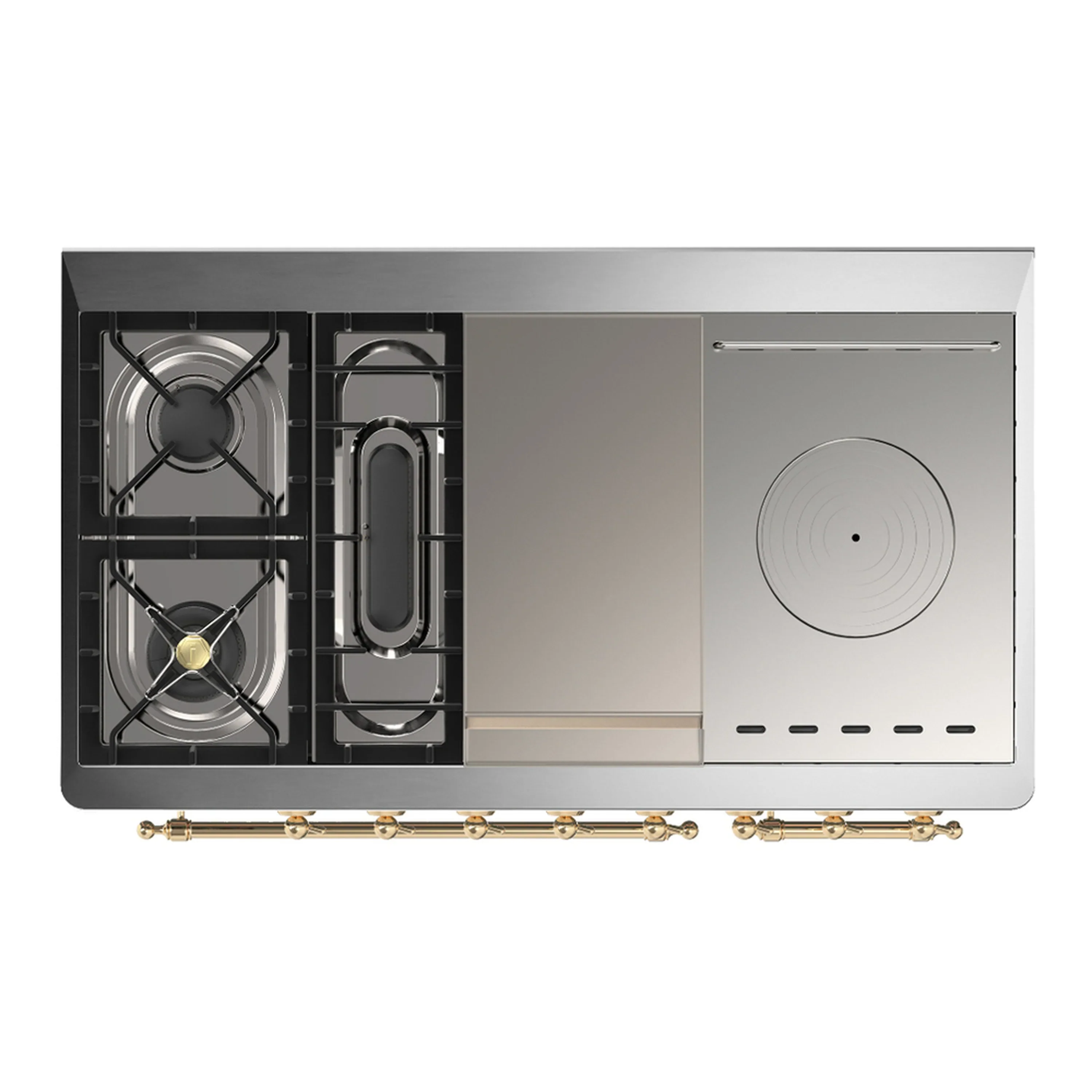 ILVE Majestic III 48-inch Dual Fuel Range with 5 Natural Gas Burner, Griddle, French Top and Solid Door Electric Oven in Stainless Steel with Brass Trim (UM48FSQNR3SSG) - Image 2