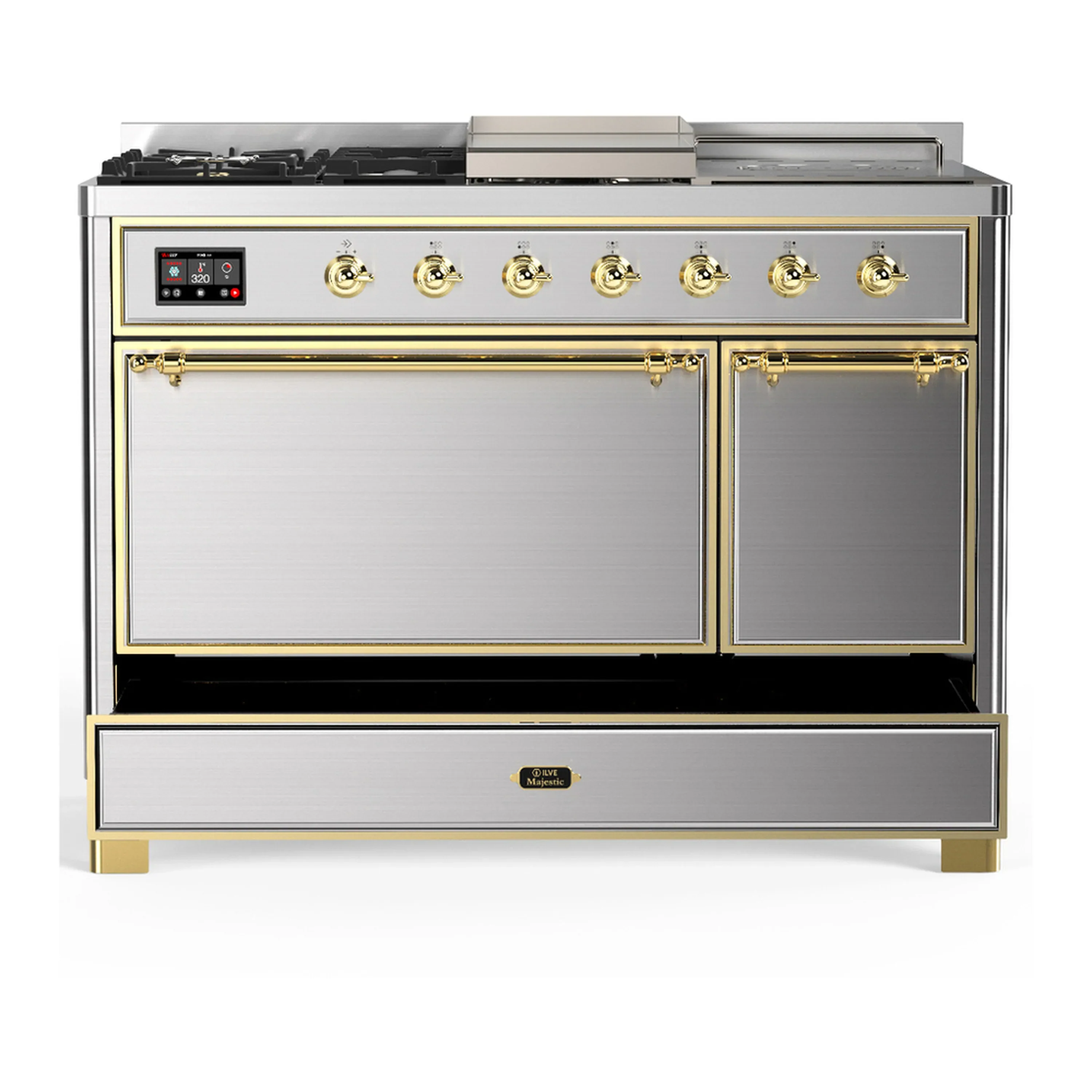 ILVE Majestic III 48-inch Dual Fuel Range with 5 Natural Gas Burner, Griddle, French Top and Solid Door Electric Oven in Stainless Steel with Brass Trim (UM48FSQNR3SSG) - Image 3