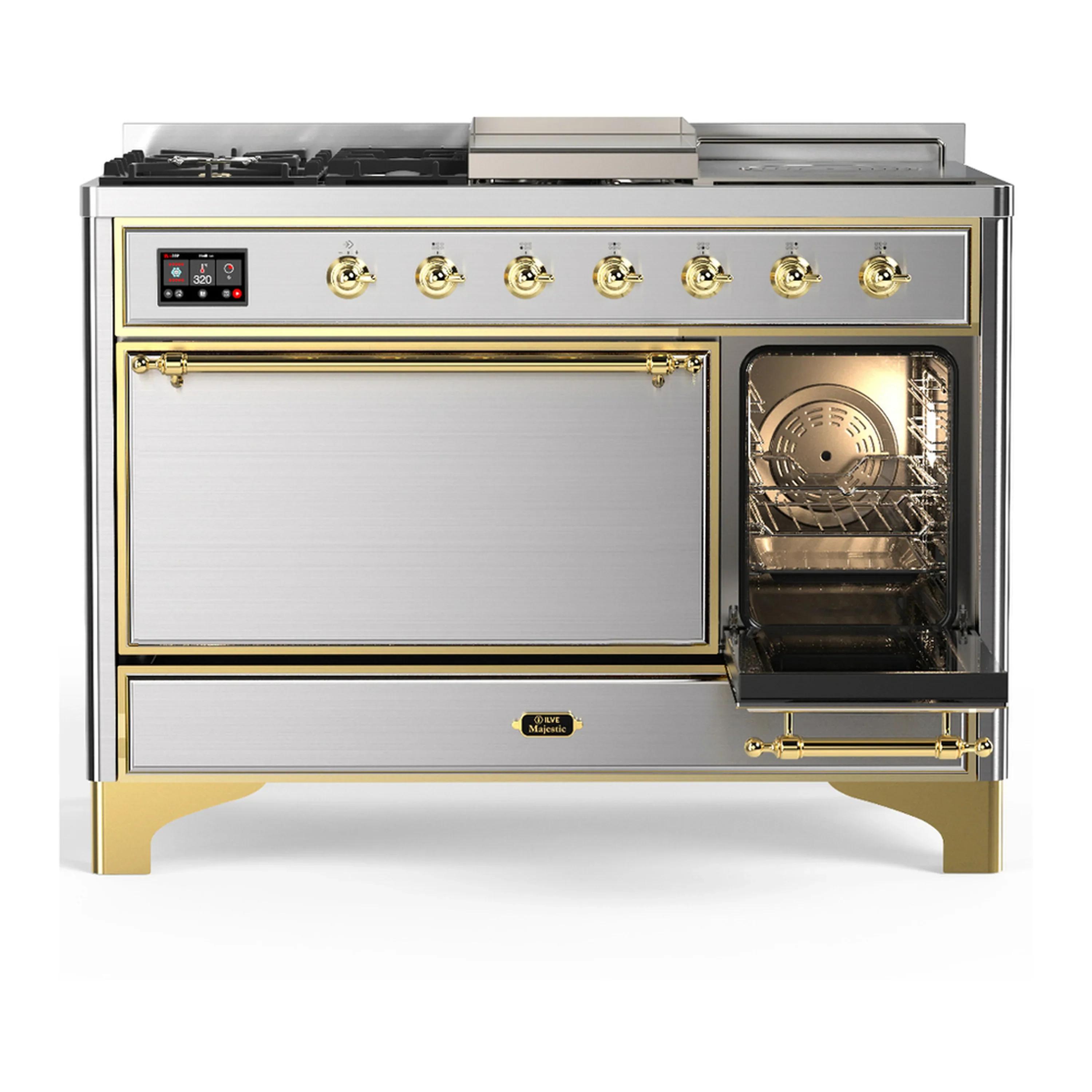 ILVE Majestic III 48-inch Dual Fuel Range with 5 Natural Gas Burner, Griddle, French Top and Solid Door Electric Oven in Stainless Steel with Brass Trim (UM48FSQNR3SSG) - Image 4