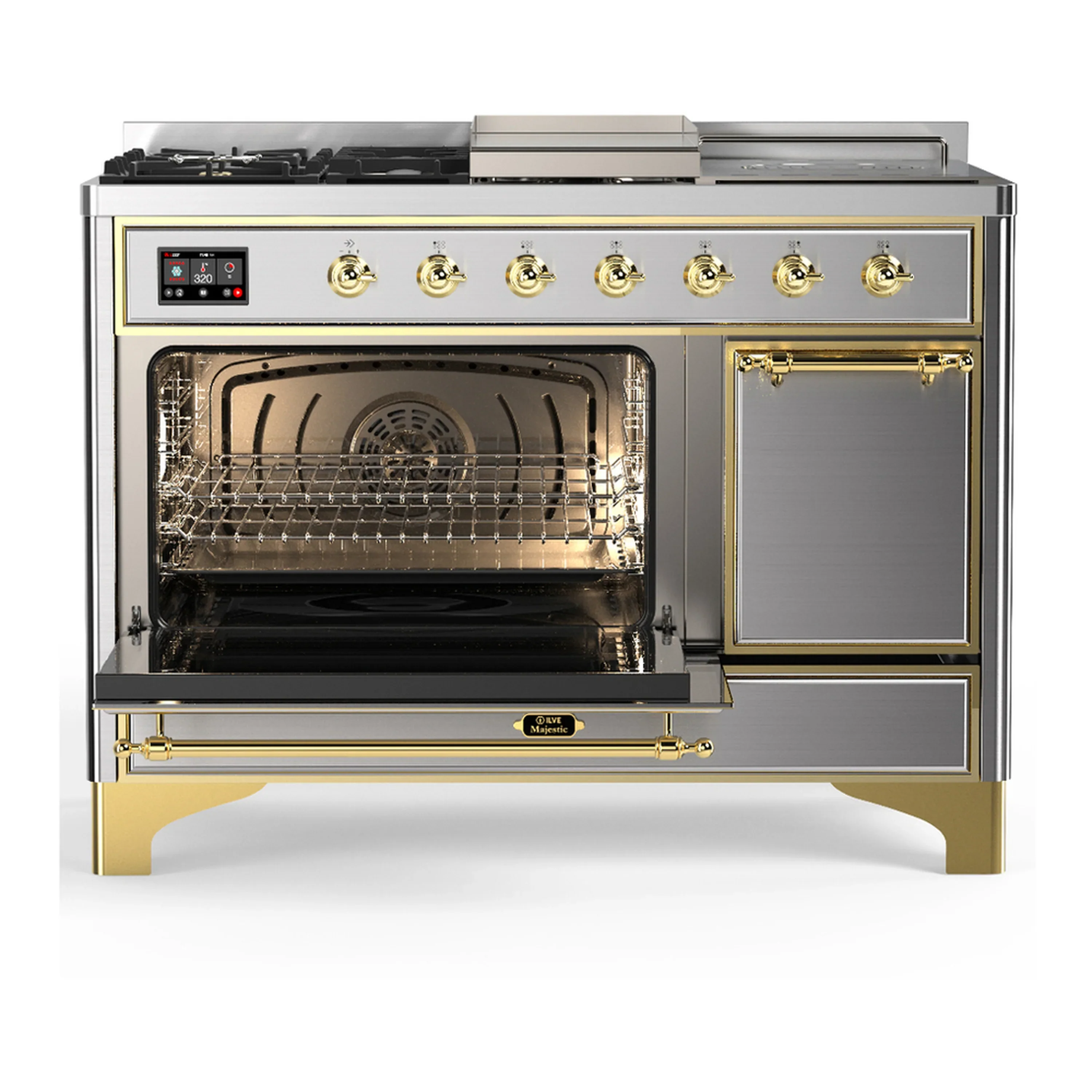 ILVE Majestic III 48-inch Dual Fuel Range with 5 Natural Gas Burner, Griddle, French Top and Solid Door Electric Oven in Stainless Steel with Brass Trim (UM48FSQNR3SSG) - Image 5