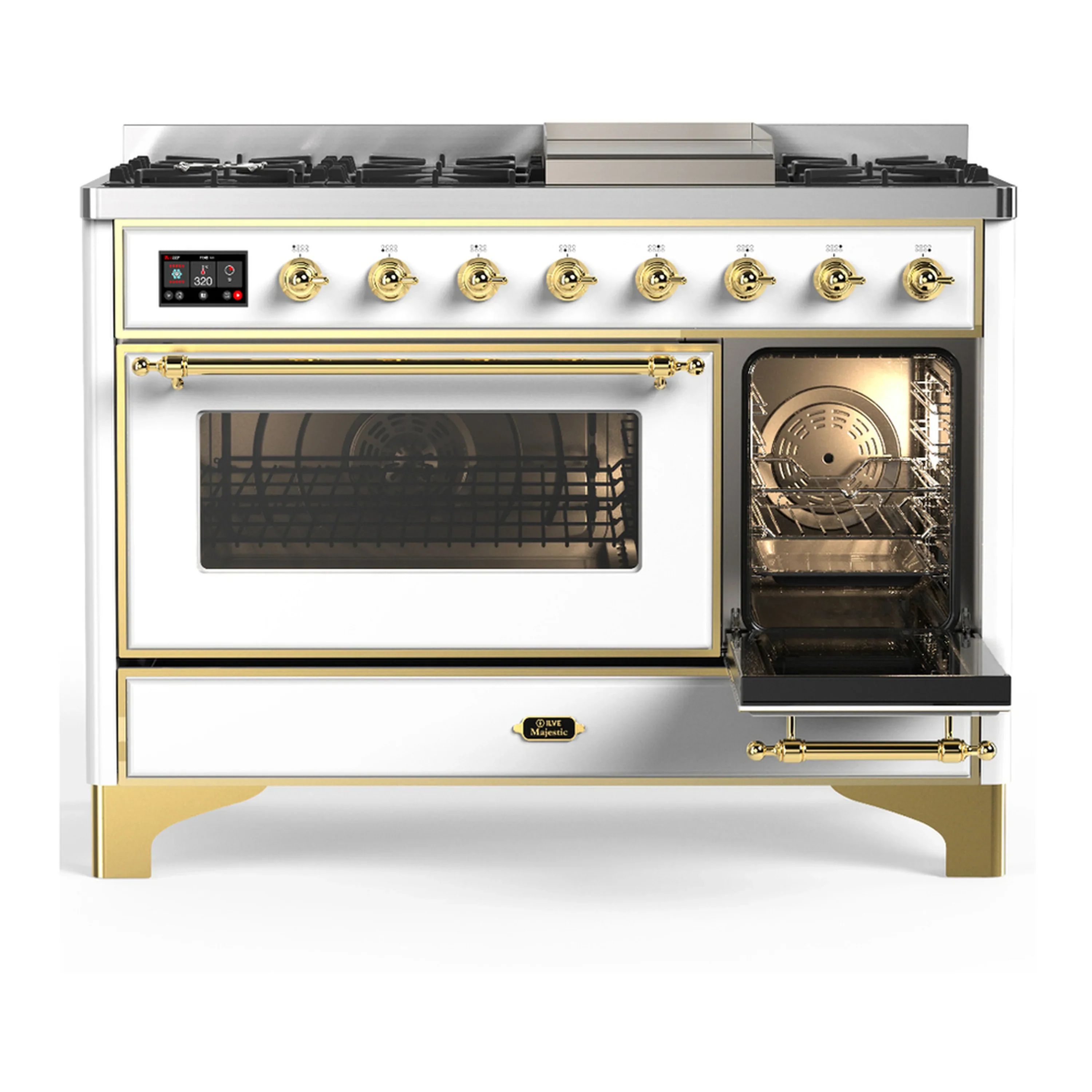 ILVE Majestic III 48-inch Dual Fuel Range with 5 Natural Gas Burner, Griddle and Triple Glass Door Electric Oven in White with Brass Trim (UM48FNR3WHG) - Image 4