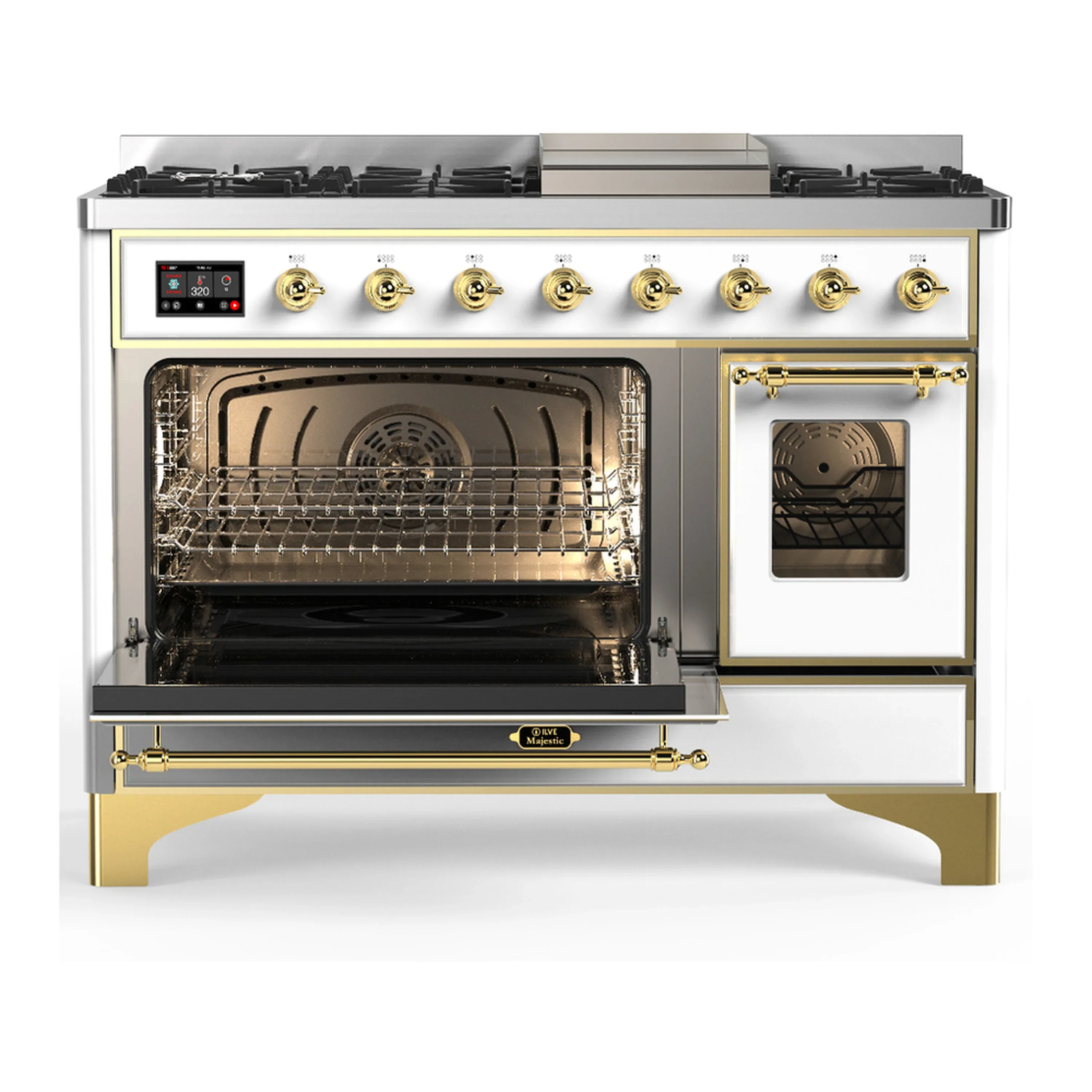 ILVE Majestic III 48-inch Dual Fuel Range with 5 Natural Gas Burner, Griddle and Triple Glass Door Electric Oven in White with Brass Trim (UM48FNR3WHG) - Image 5