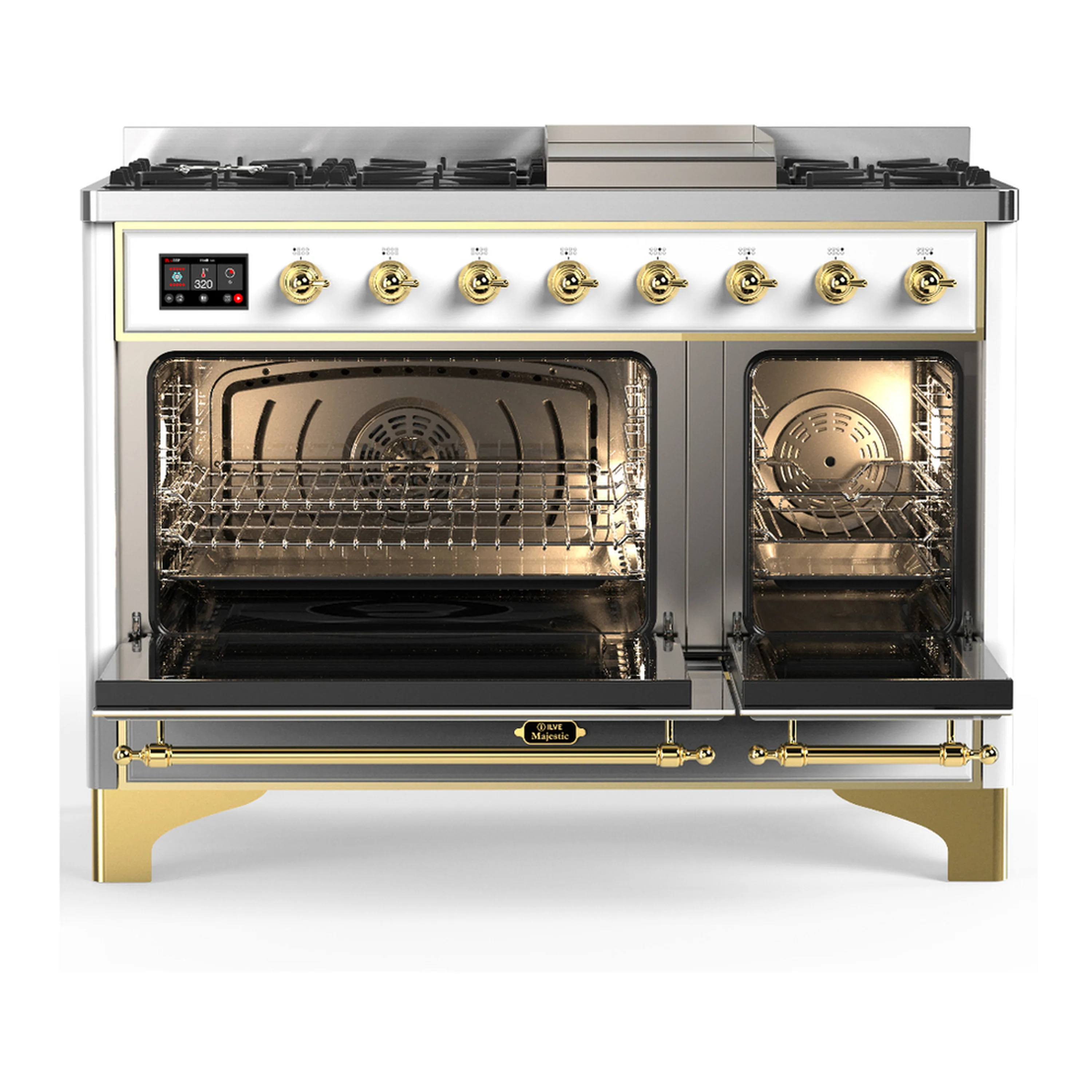 ILVE Majestic III 48-inch Dual Fuel Range with 5 Natural Gas Burner, Griddle and Triple Glass Door Electric Oven in White with Brass Trim (UM48FNR3WHG) - Image 6