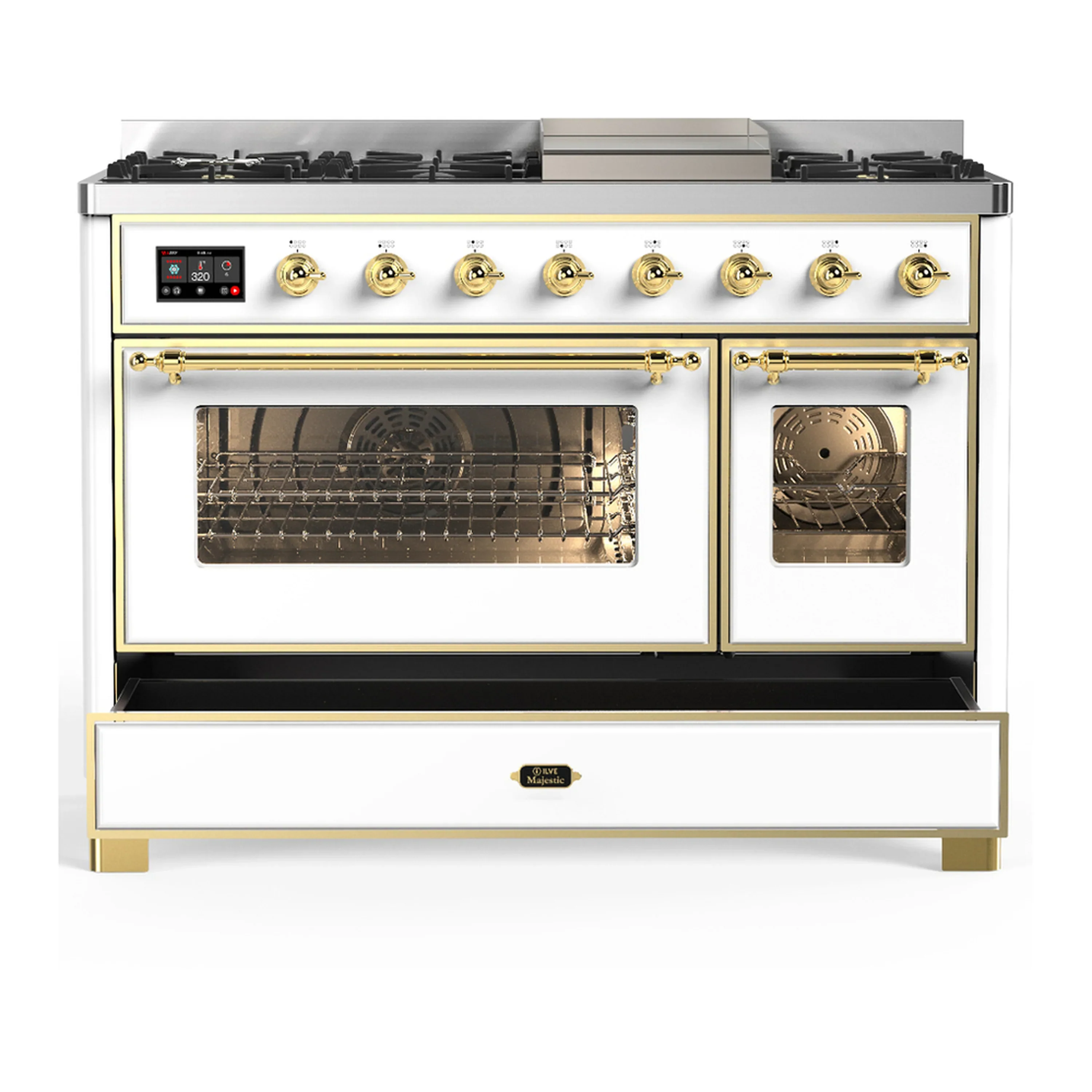 ILVE Majestic III 48-inch Dual Fuel Range with 5 Liquid Propane Burner, Griddle and Triple Glass Door Electric Oven in White with Brass Trim (UM48FNR3WHGLP) - Image 3
