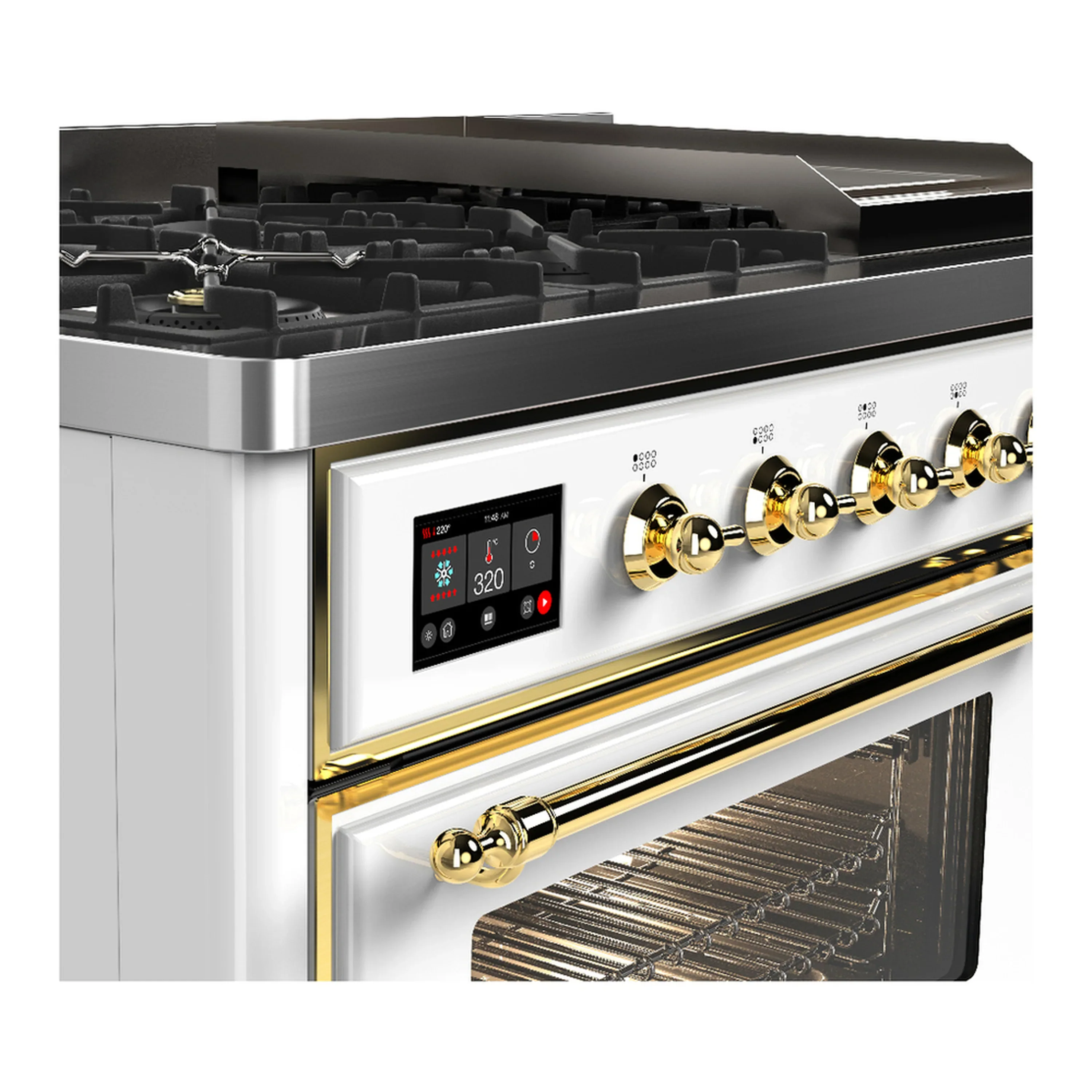 ILVE Majestic III 48-inch Dual Fuel Range with 5 Liquid Propane Burner, Griddle and Triple Glass Door Electric Oven in White with Brass Trim (UM48FNR3WHGLP) - Image 7