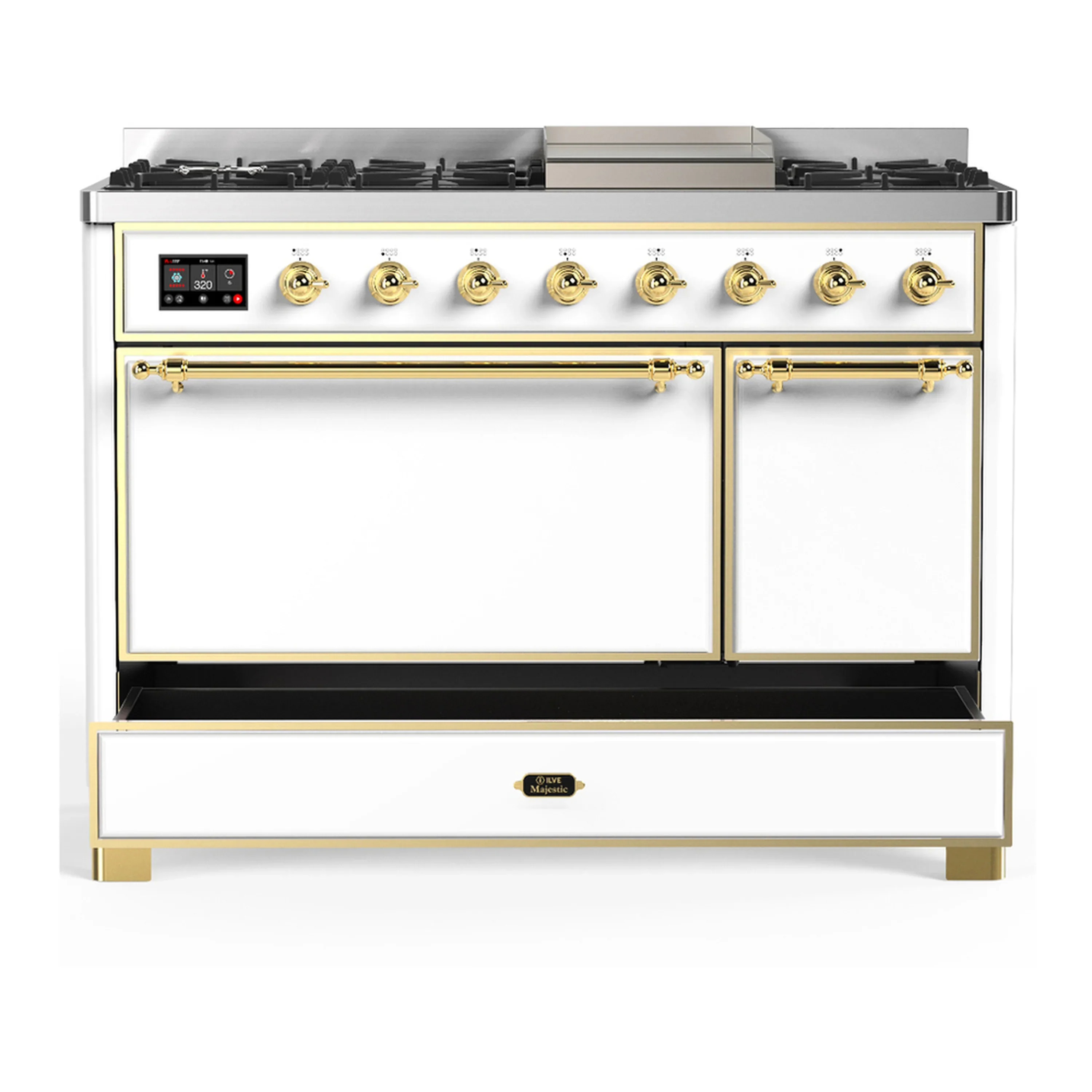 ILVE Majestic III 48-inch Dual Fuel Range with 5 Natural Gas Burner, Griddle and Solid Door Electric Oven in White with Brass Trim (UM48FQNR3WHG) - Image 3