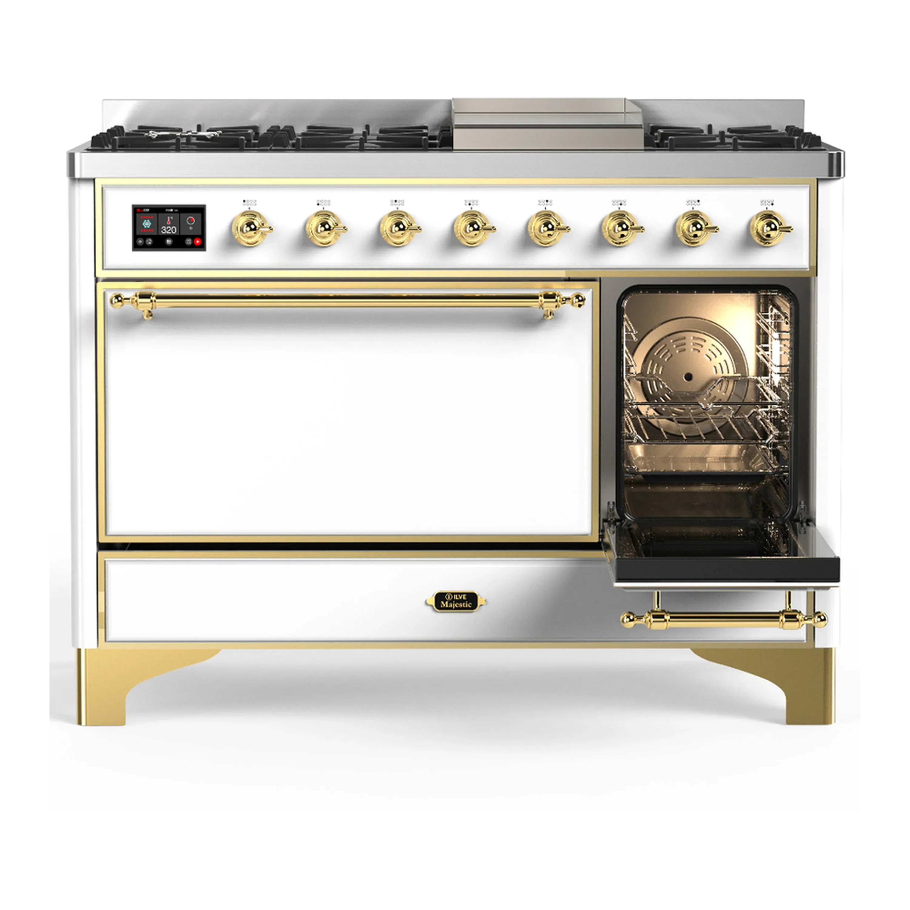 ILVE Majestic III 48-inch Dual Fuel Range with 5 Natural Gas Burner, Griddle and Solid Door Electric Oven in White with Brass Trim (UM48FQNR3WHG) - Image 4