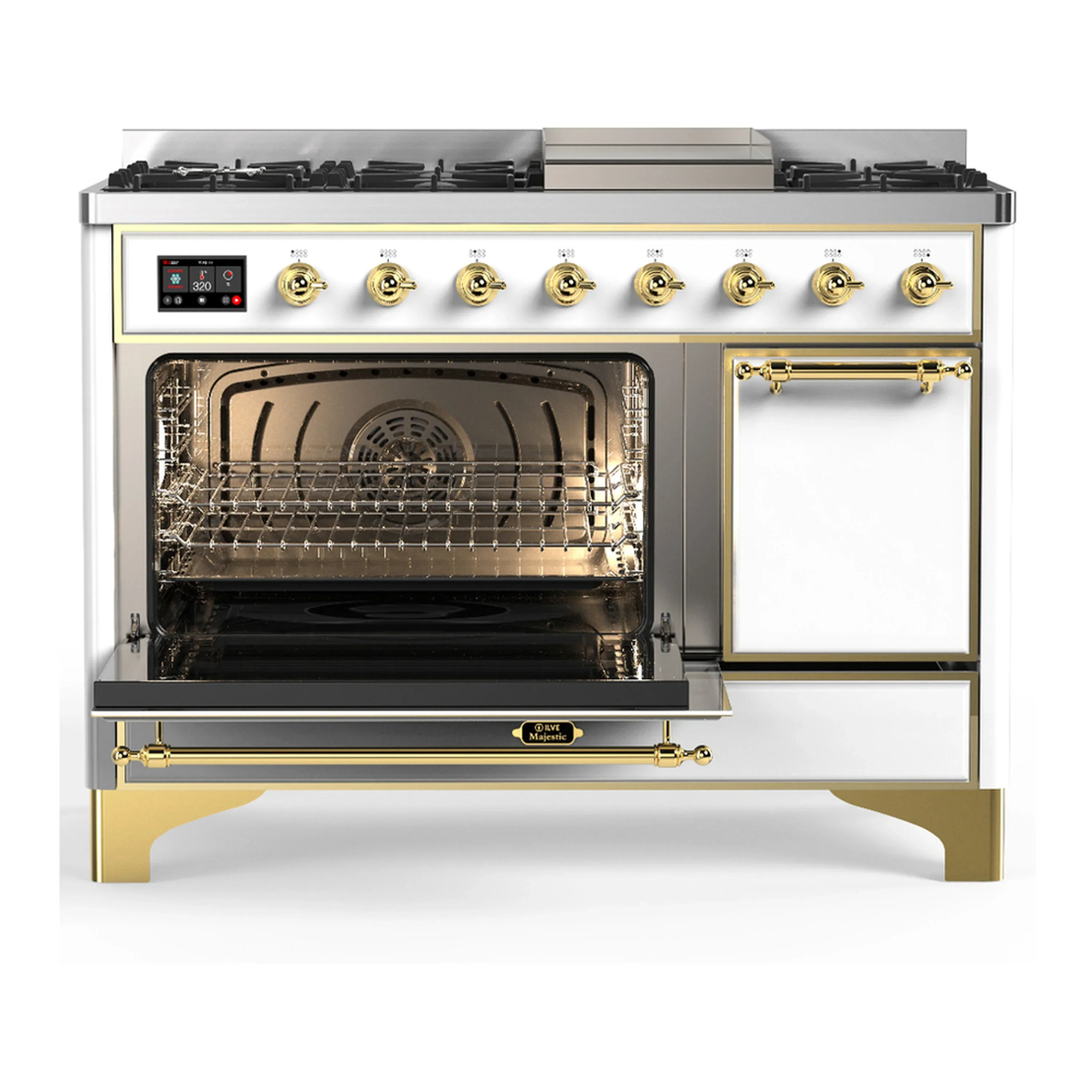 ILVE Majestic III 48-inch Dual Fuel Range with 5 Natural Gas Burner, Griddle and Solid Door Electric Oven in White with Brass Trim (UM48FQNR3WHG) - Image 5