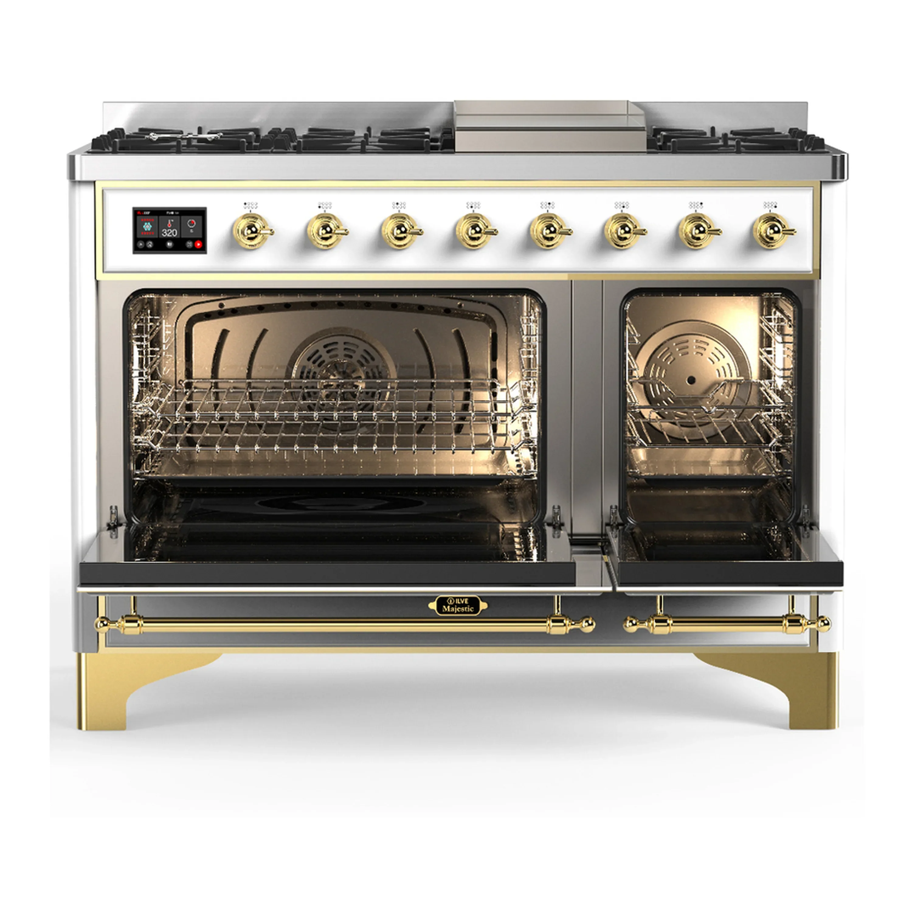 ILVE Majestic III 48-inch Dual Fuel Range with 5 Natural Gas Burner, Griddle and Solid Door Electric Oven in White with Brass Trim (UM48FQNR3WHG) - Image 6