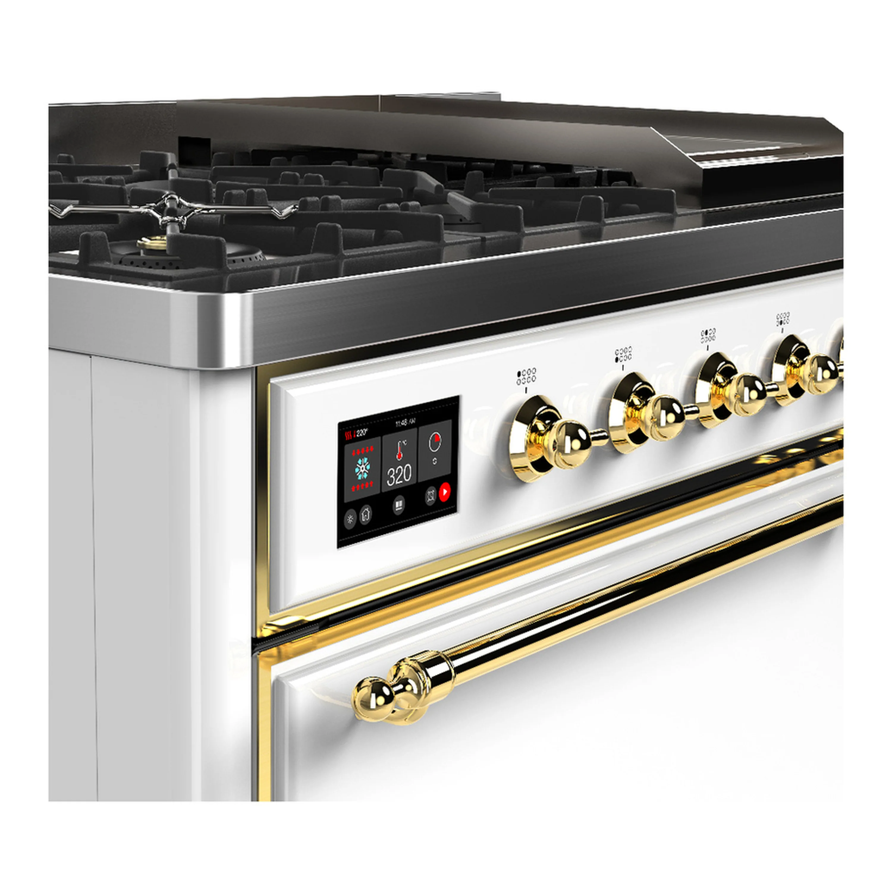 ILVE Majestic III 48-inch Dual Fuel Range with 5 Natural Gas Burner, Griddle and Solid Door Electric Oven in White with Brass Trim (UM48FQNR3WHG) - Image 7