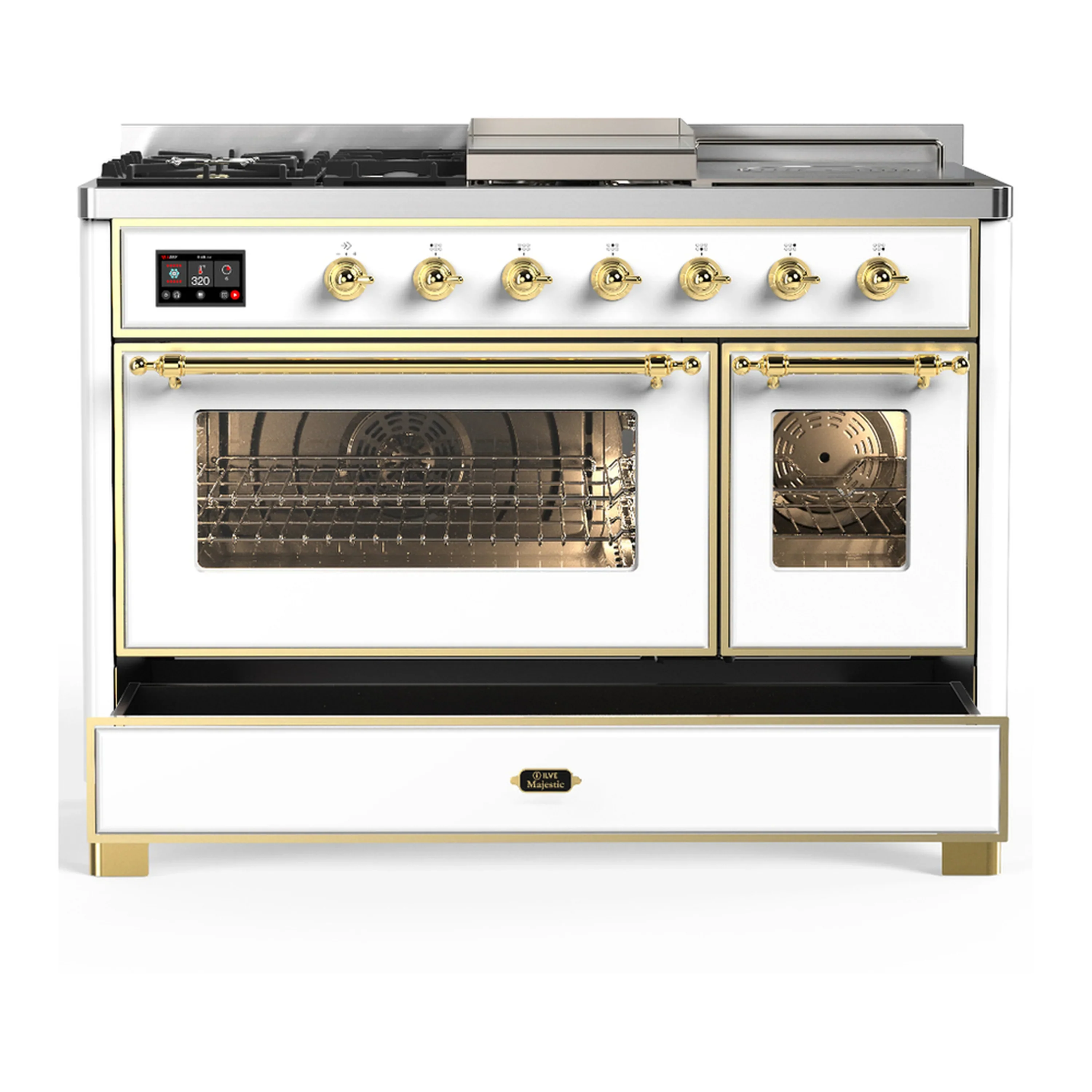 ILVE Majestic III 48-inch Dual Fuel Range with 5 Natural Gas Burner, Griddle, French Top and Triple Glass Door Electric Oven in White with Brass Trim (UM48FSNR3WHG) - Image 3