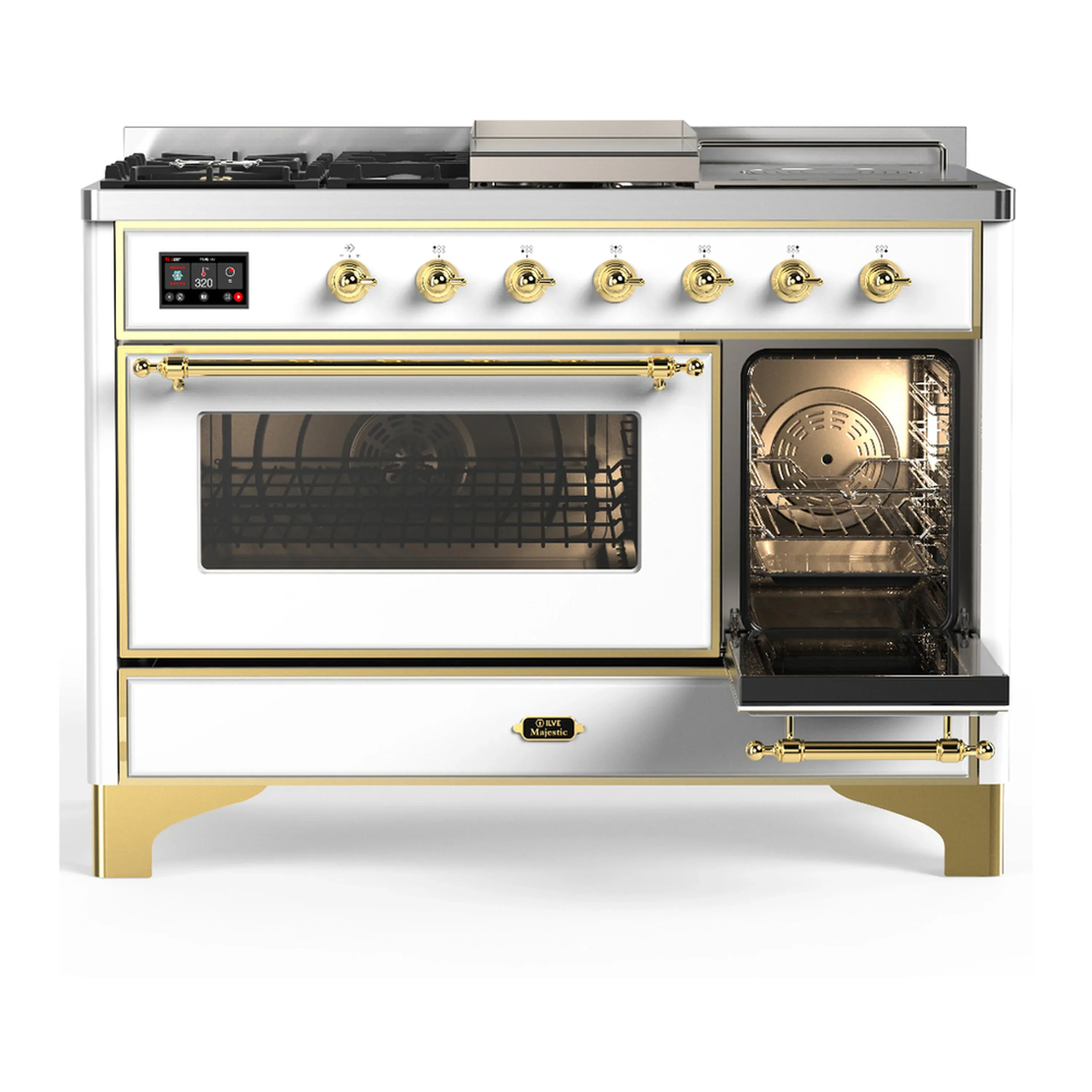 ILVE Majestic III 48-inch Dual Fuel Range with 5 Natural Gas Burner, Griddle, French Top and Triple Glass Door Electric Oven in White with Brass Trim (UM48FSNR3WHG) - Image 4