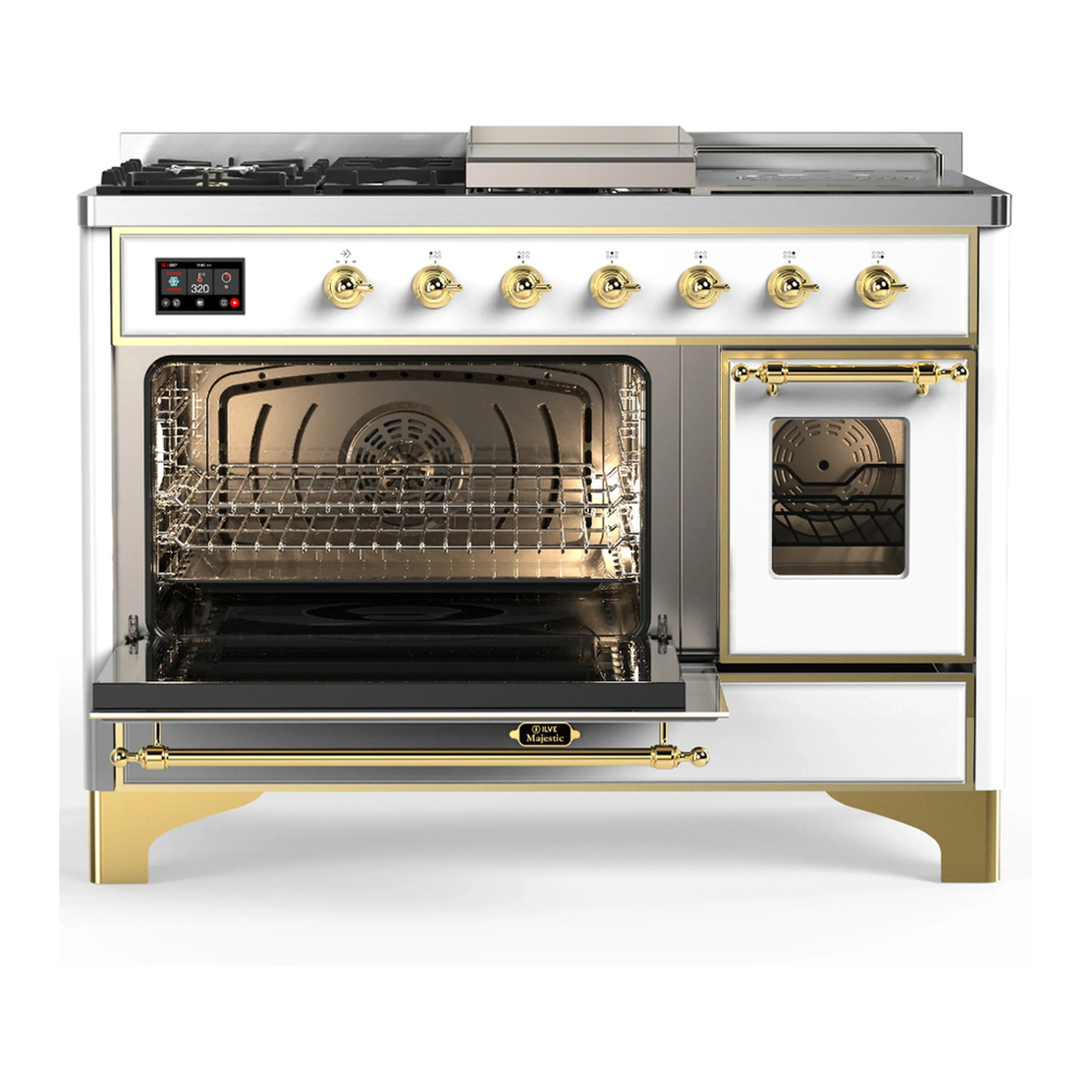 ILVE Majestic III 48-inch Dual Fuel Range with 5 Natural Gas Burner, Griddle, French Top and Triple Glass Door Electric Oven in White with Brass Trim (UM48FSNR3WHG) - Image 5