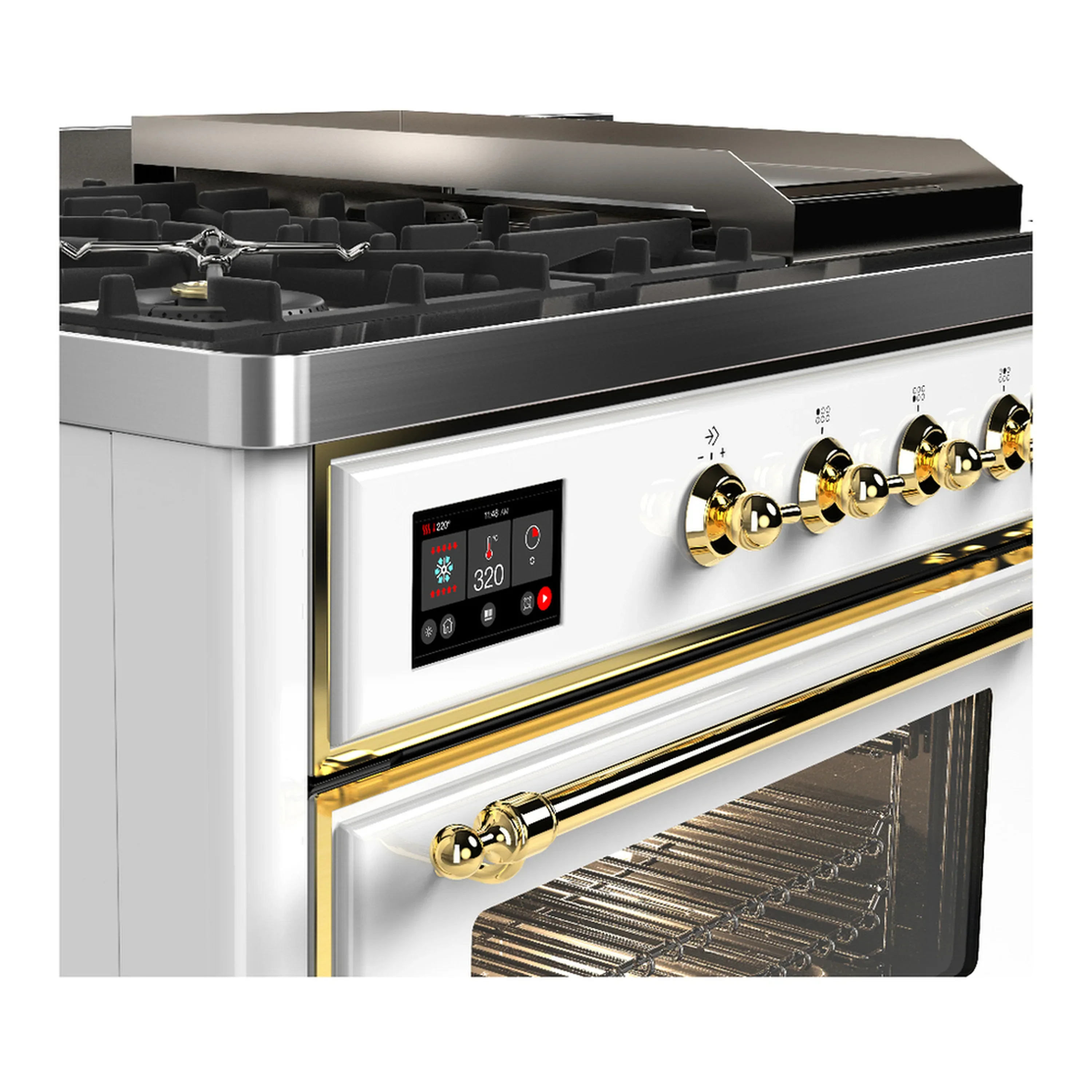 ILVE Majestic III 48-inch Dual Fuel Range with 5 Natural Gas Burner, Griddle, French Top and Triple Glass Door Electric Oven in White with Brass Trim (UM48FSNR3WHG) - Image 7