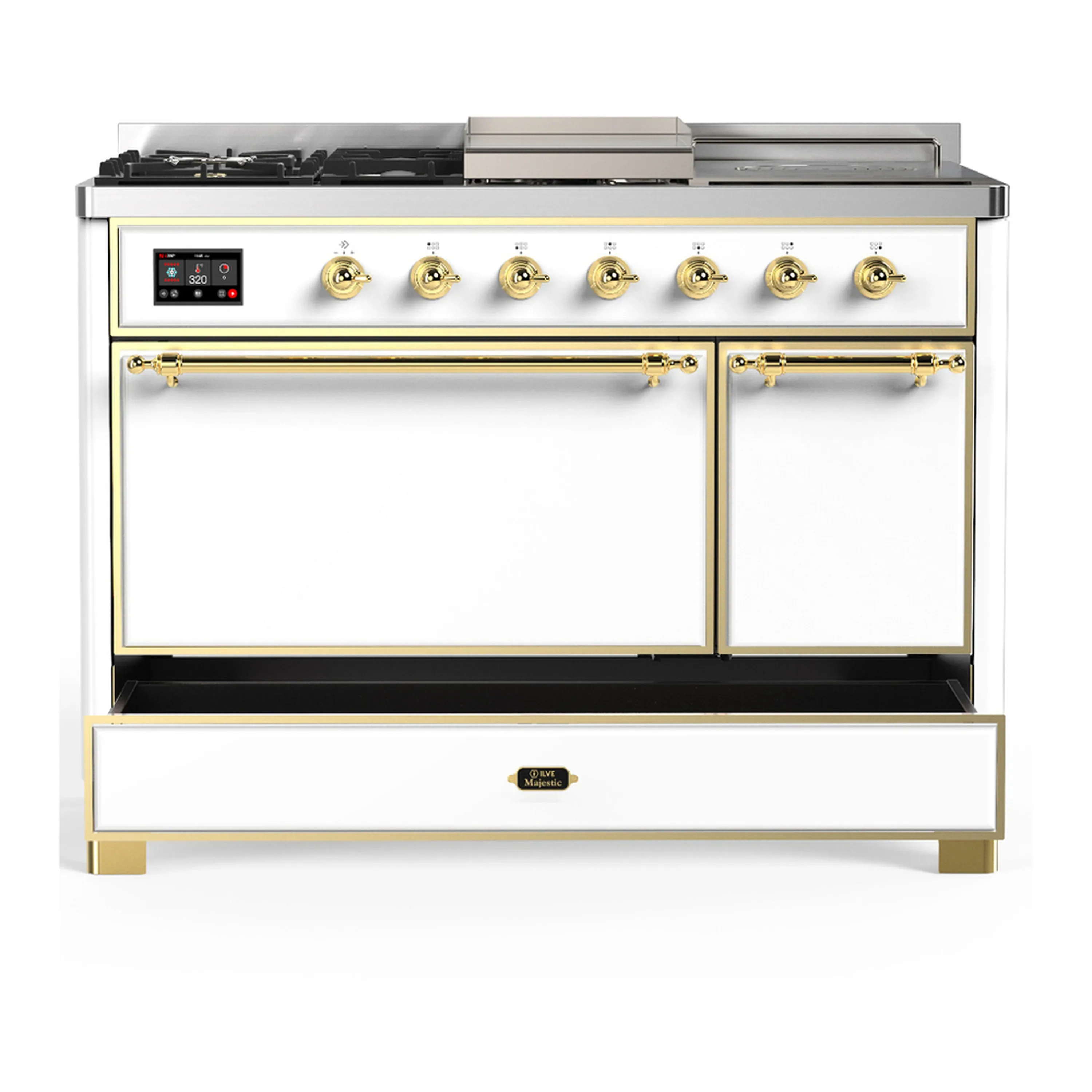 ILVE Majestic III 48-inch Dual Fuel Range with 5 Natural Gas Burner, Griddle, French Top and Solid Door Electric Oven in White with Brass Trim (UM48FSQNR3WHG) - Image 3