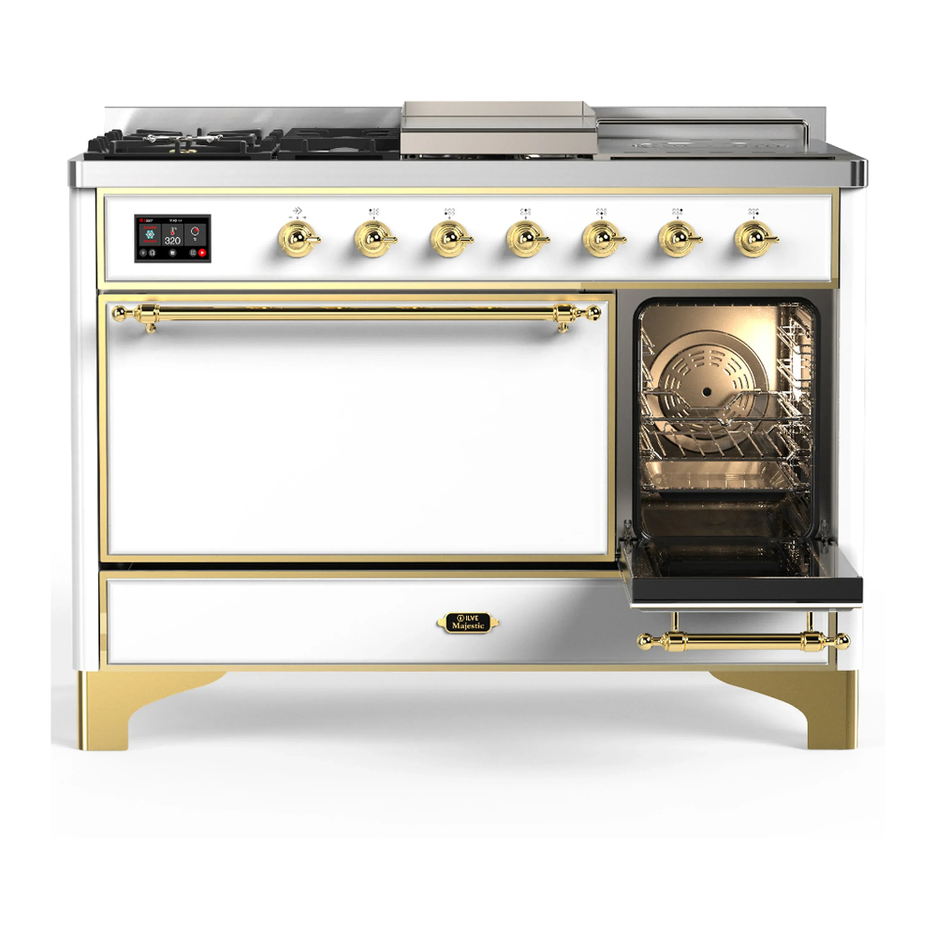 ILVE Majestic III 48-inch Dual Fuel Range with 5 Natural Gas Burner, Griddle, French Top and Solid Door Electric Oven in White with Brass Trim (UM48FSQNR3WHG) - Image 4