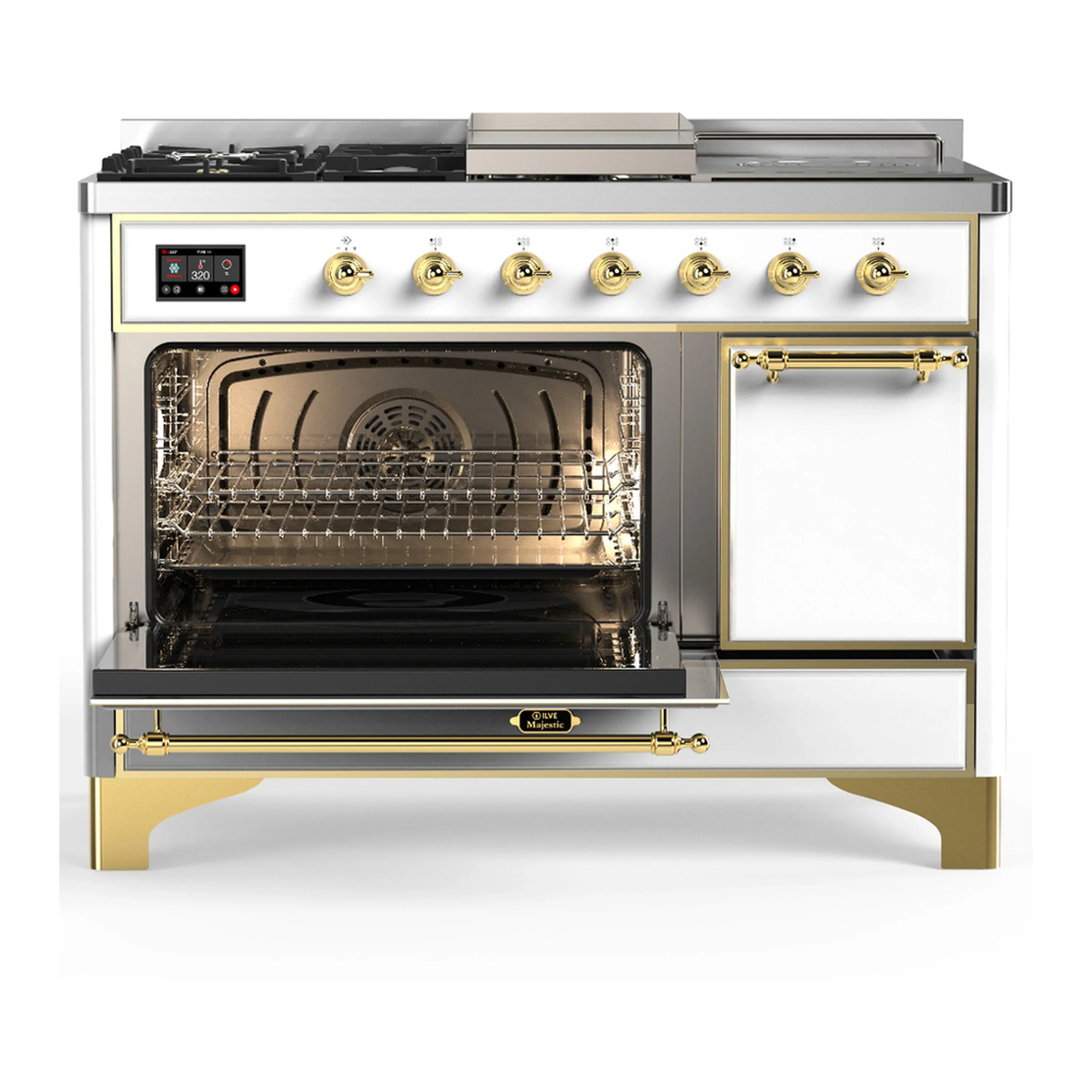 ILVE Majestic III 48-inch Dual Fuel Range with 5 Natural Gas Burner, Griddle, French Top and Solid Door Electric Oven in White with Brass Trim (UM48FSQNR3WHG) - Image 5