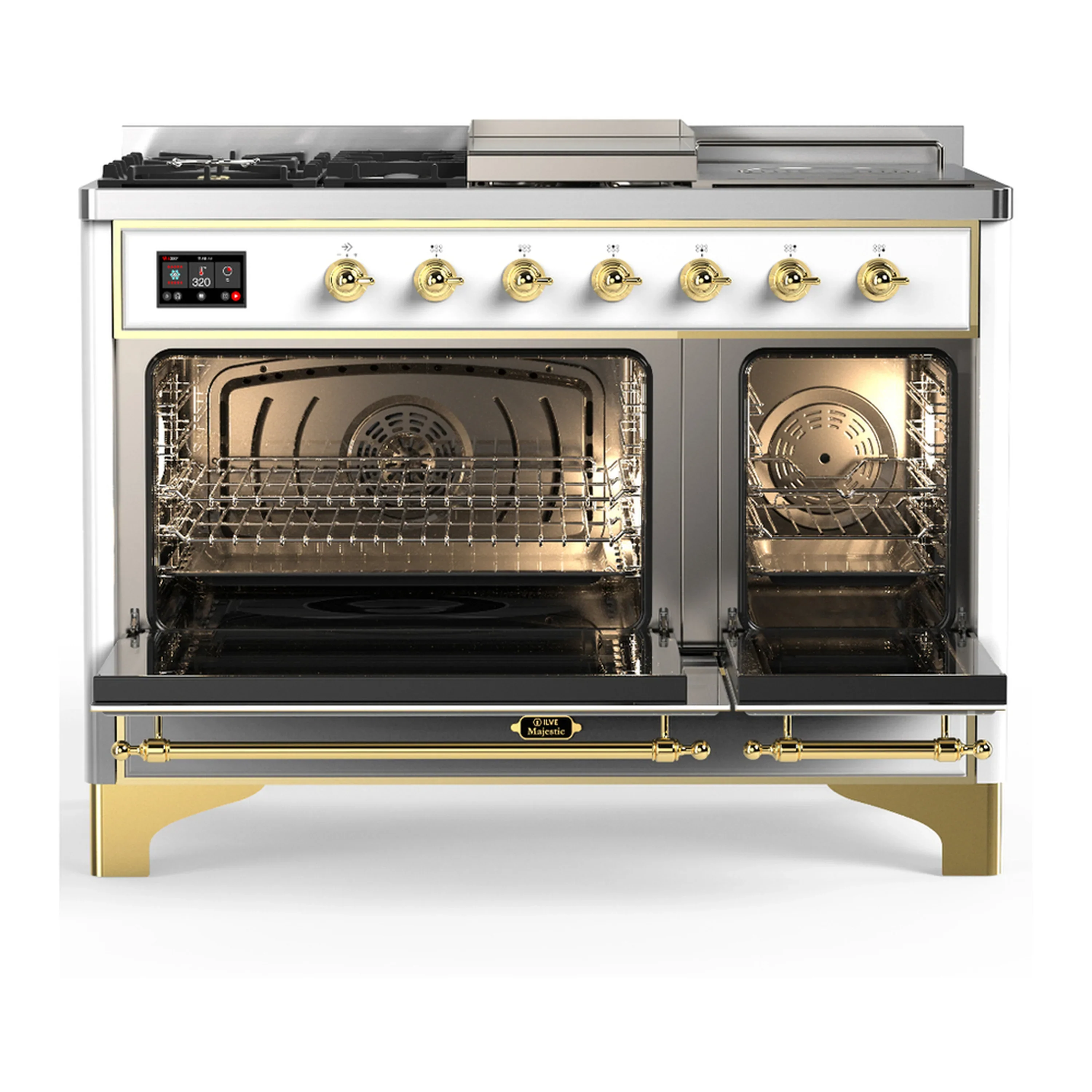 ILVE Majestic III 48-inch Dual Fuel Range with 5 Natural Gas Burner, Griddle, French Top and Solid Door Electric Oven in White with Brass Trim (UM48FSQNR3WHG) - Image 6