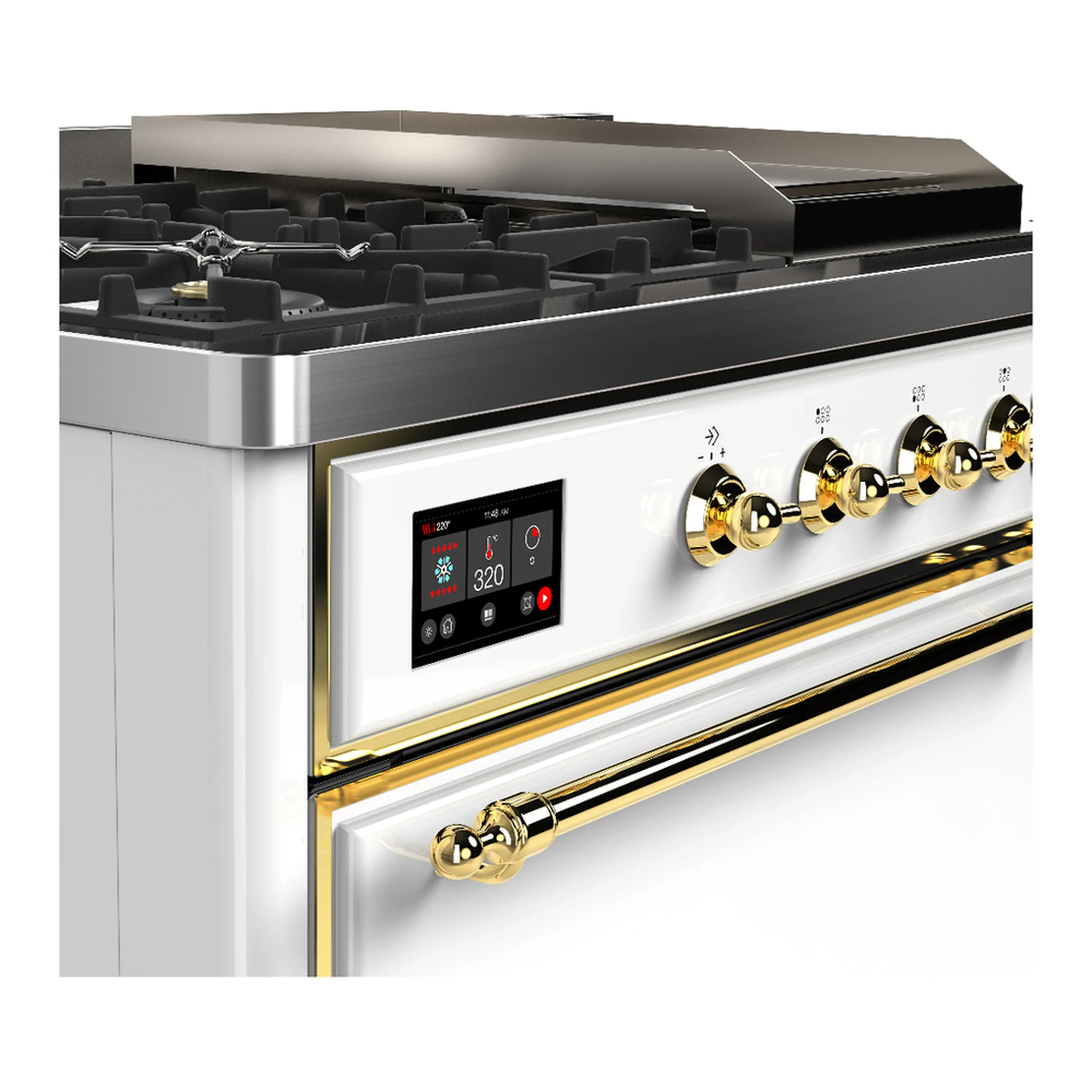 ILVE Majestic III 48-inch Dual Fuel Range with 5 Natural Gas Burner, Griddle, French Top and Solid Door Electric Oven in White with Brass Trim (UM48FSQNR3WHG) - Image 7